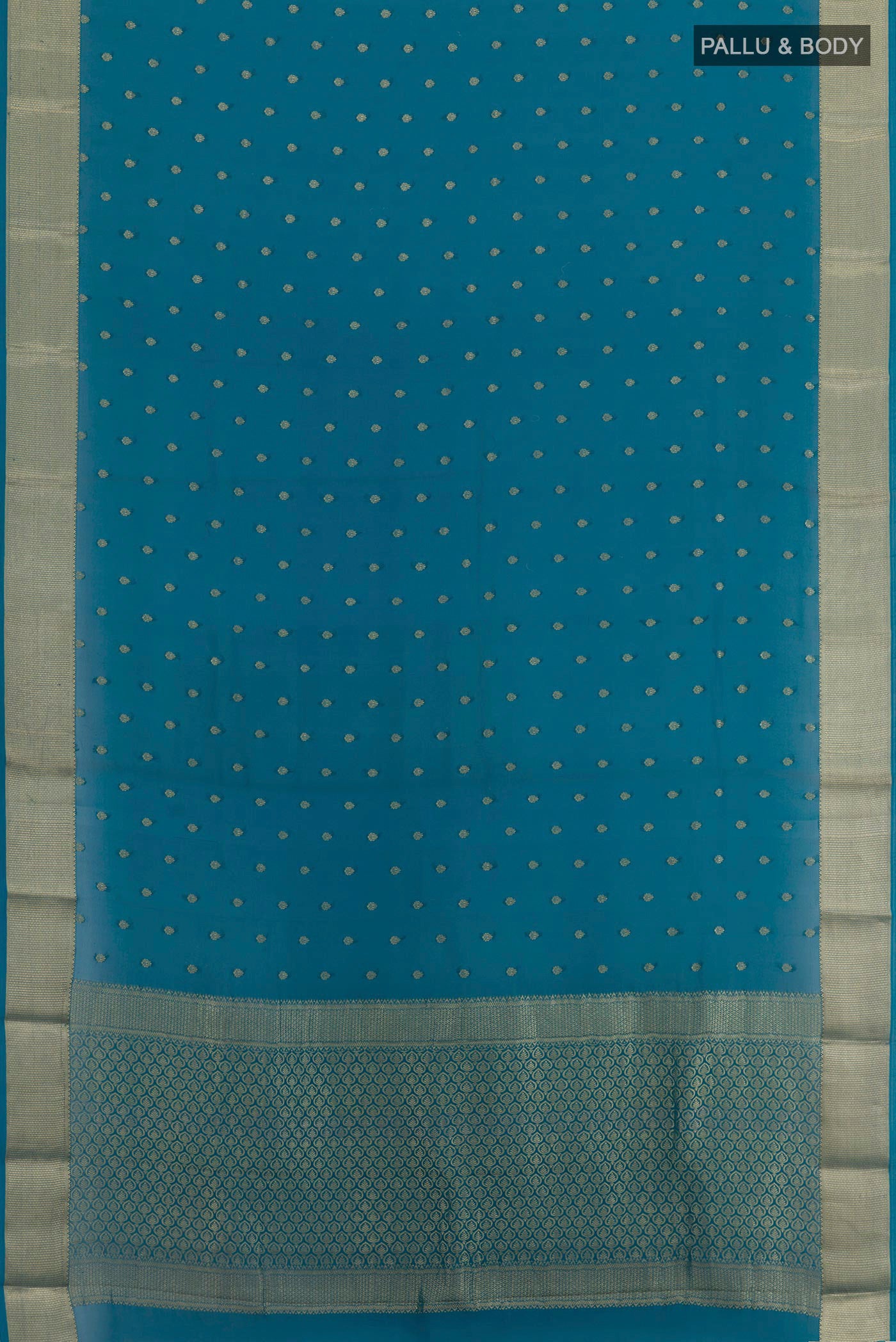 Flat view of Blue Chiffon Saree with Zari Butta on the body and Zari Border. 