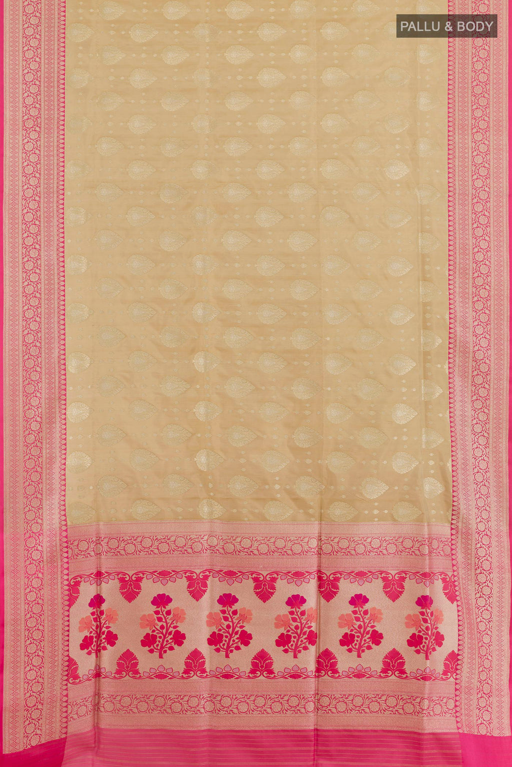 Flat view of Beige Banarasi Silk Saree with Zari Brocade on the body and Zari Border. 