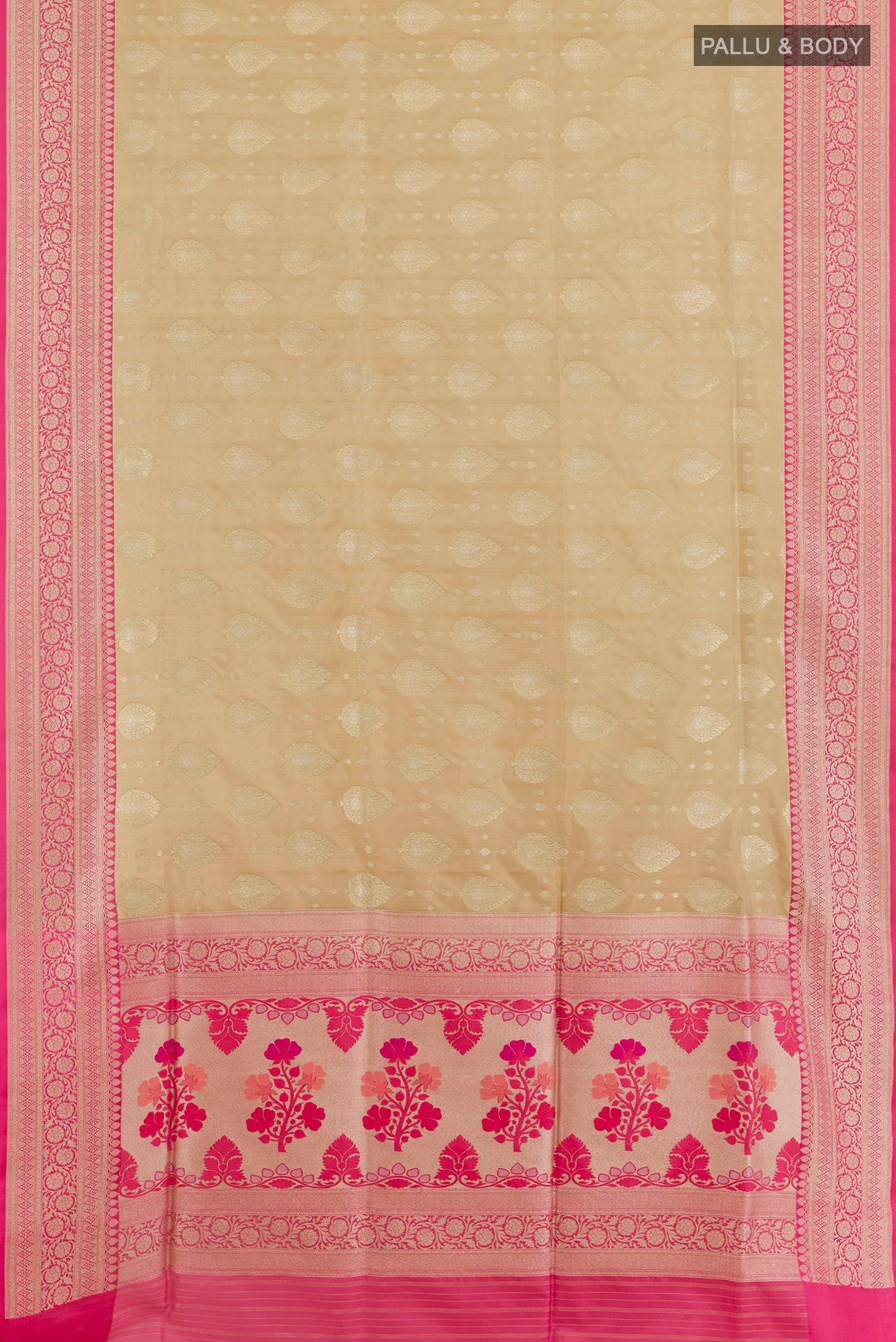 Flat view of Beige Banarasi Silk Saree with Zari Brocade on the body and Zari Border. 