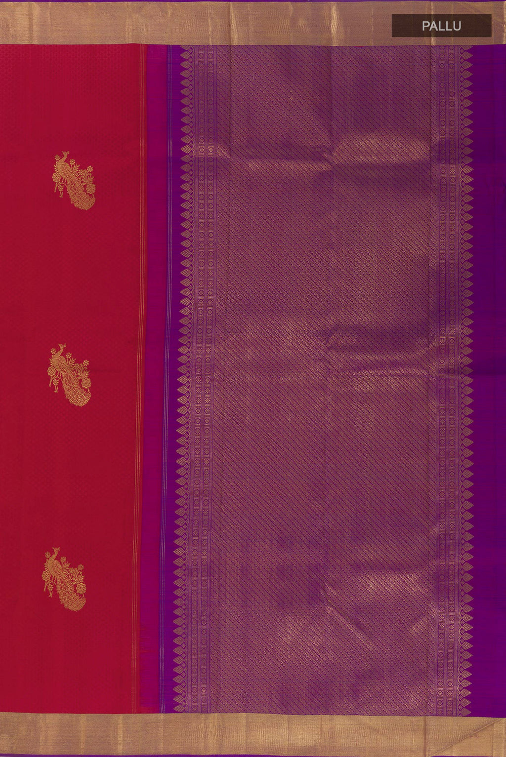 Close up image of the pallu of Maroon Kanjivaram Silk Saree with Jacquard With Zari Butta on the body and Zari Border. 