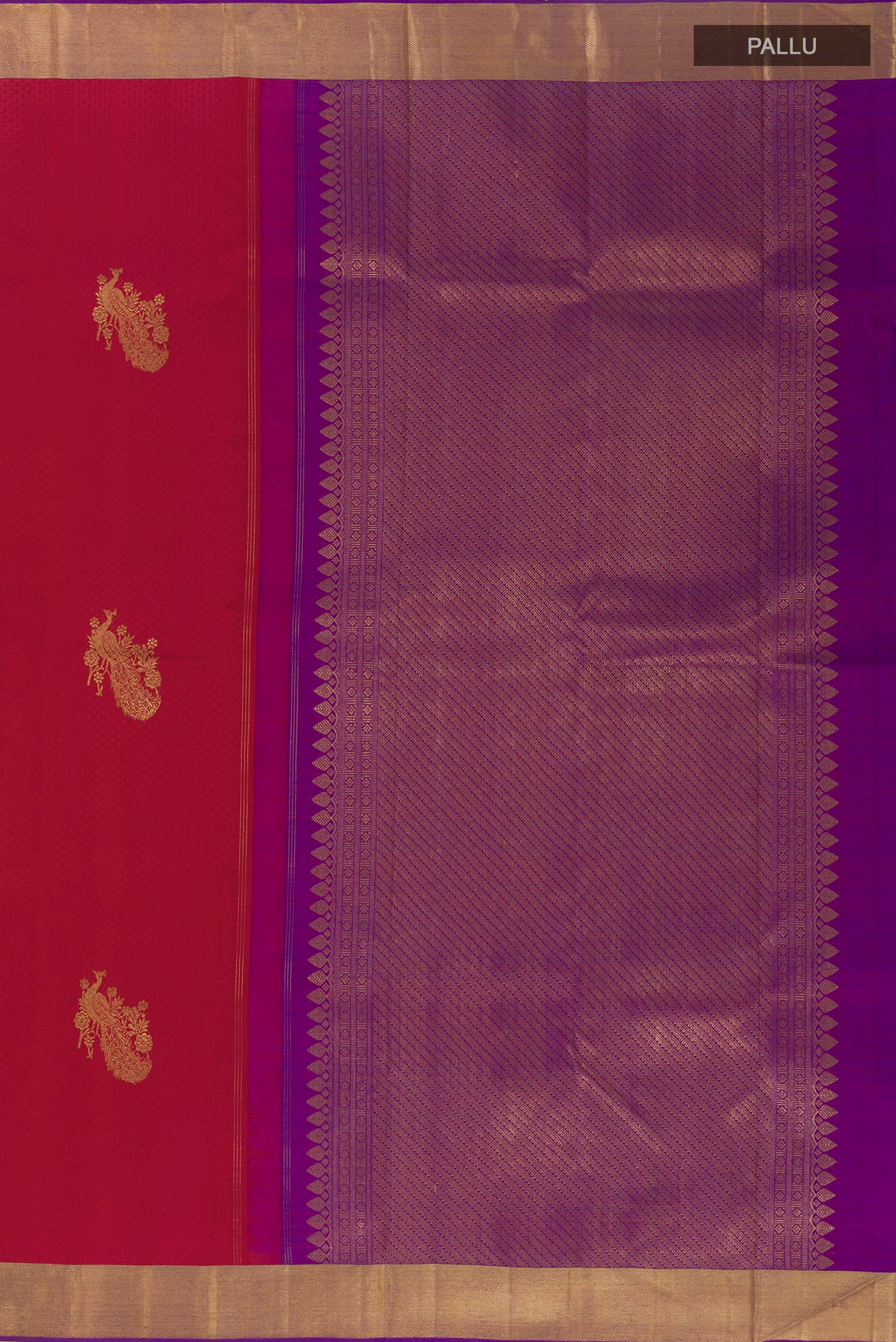 Close up image of the pallu of Maroon Kanjivaram Silk Saree with Jacquard With Zari Butta on the body and Zari Border. 