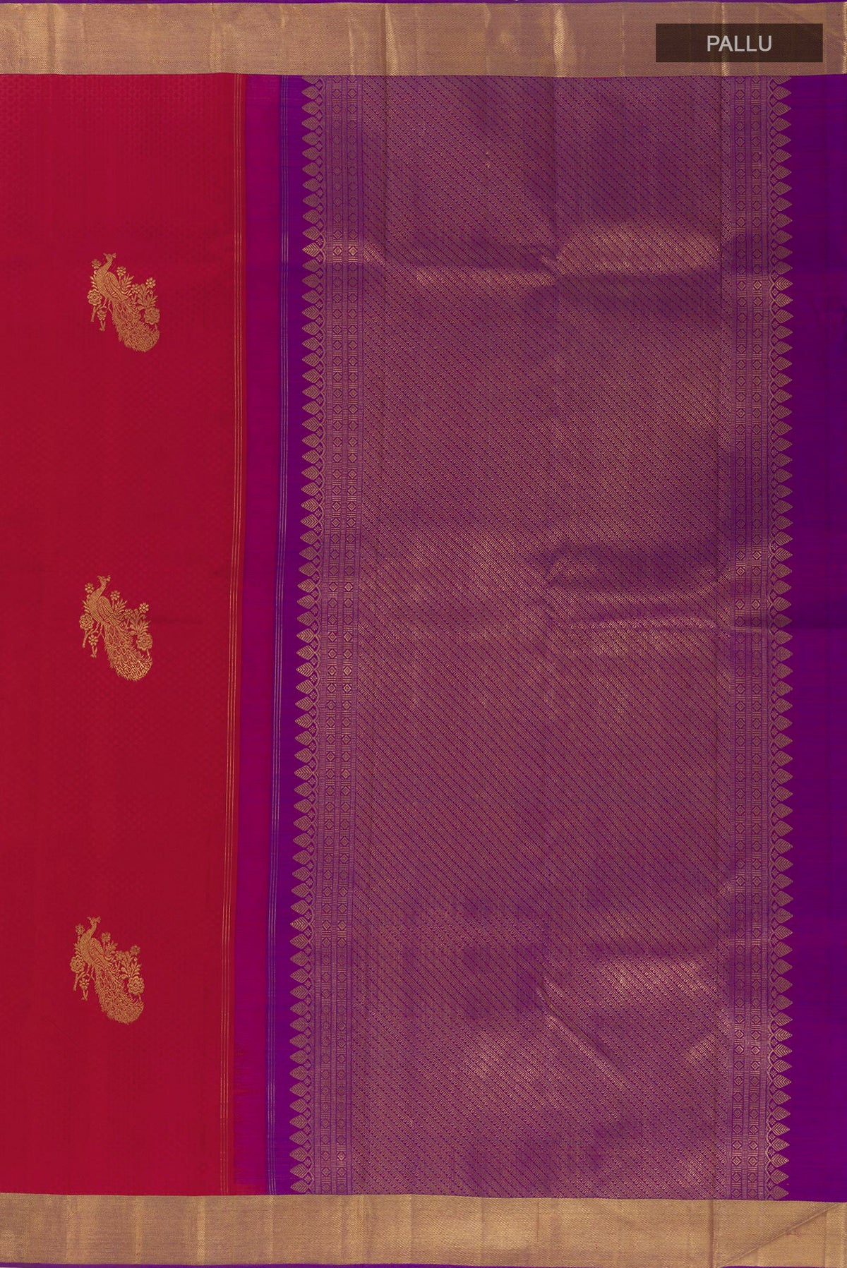 Close up image of the pallu of Maroon Kanjivaram Silk Saree with Jacquard With Zari Butta on the body and Zari Border. 