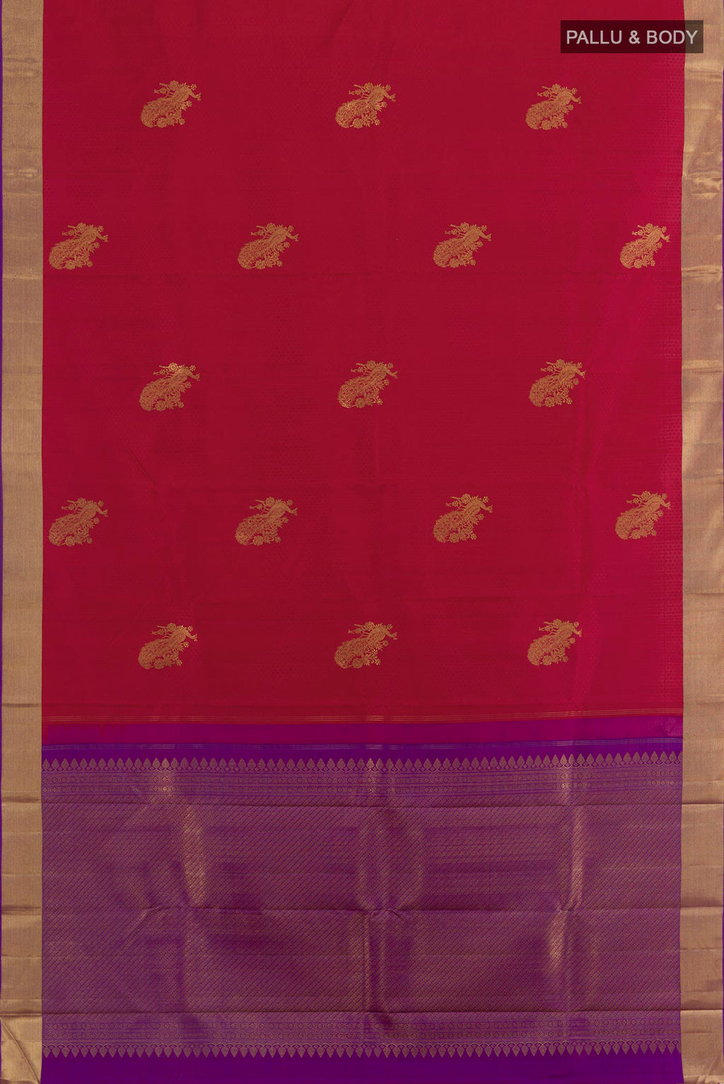 Flat view of Maroon Kanjivaram Silk Saree with Jacquard With Zari Butta on the body and Zari Border. 