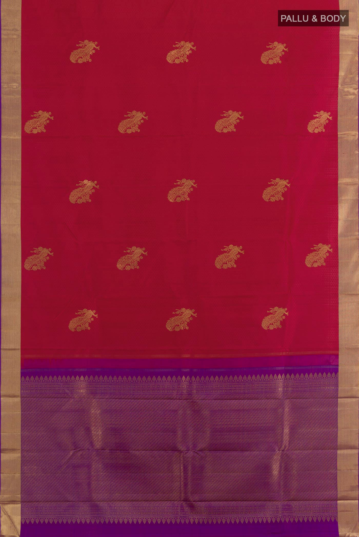 Flat view of Maroon Kanjivaram Silk Saree with Jacquard With Zari Butta on the body and Zari Border. 