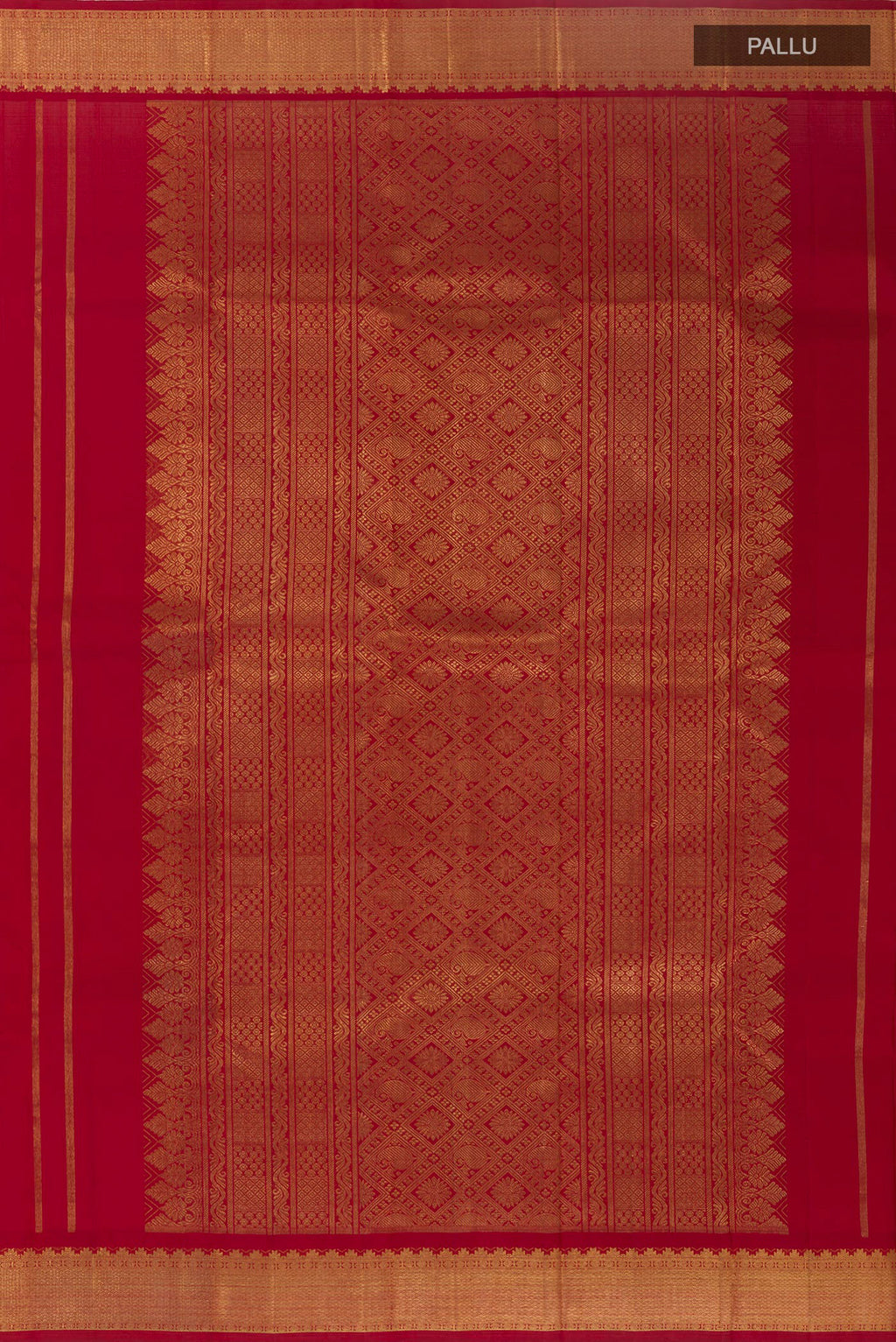 Close up image of the pallu of Red Kanchipuram Silk Saree with Zari Butta on the body and Zari Border. 