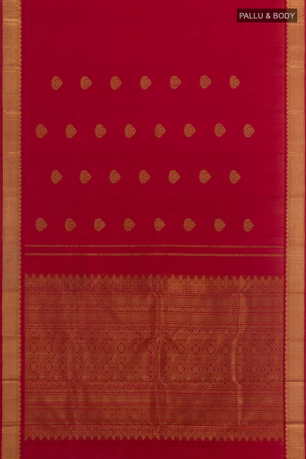 Flat view of Red Kanchipuram Silk Saree with Zari Butta on the body and Zari Border. 