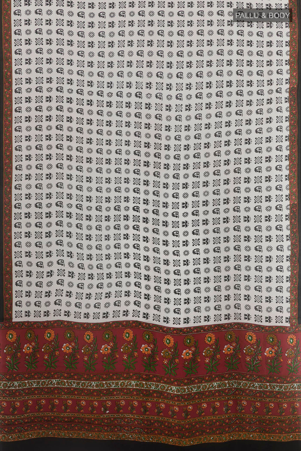Flat view of White Crepe Saree with Printed design on the body and Printed Border. 