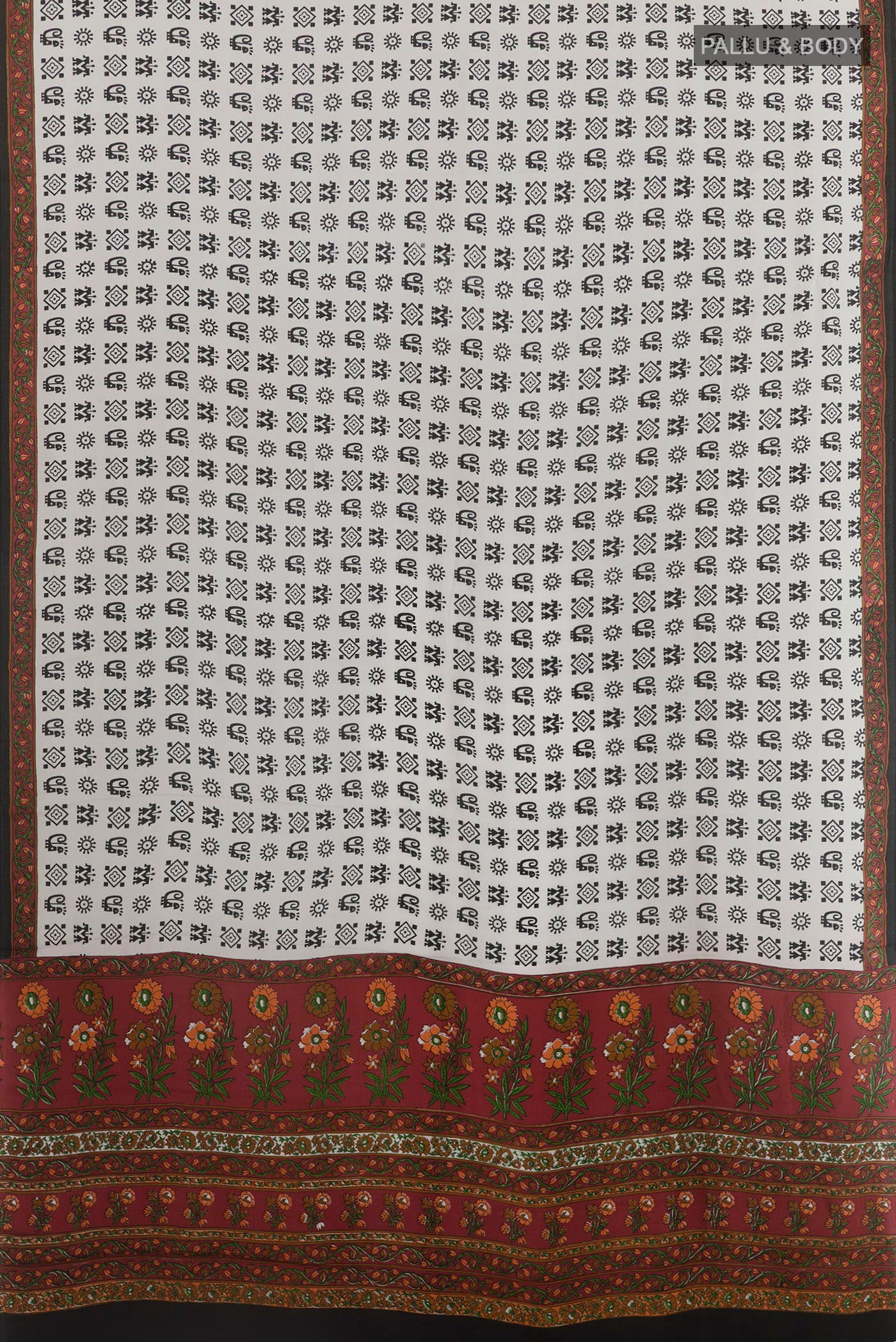 Flat view of White Crepe Saree with Printed design on the body and Printed Border. 
