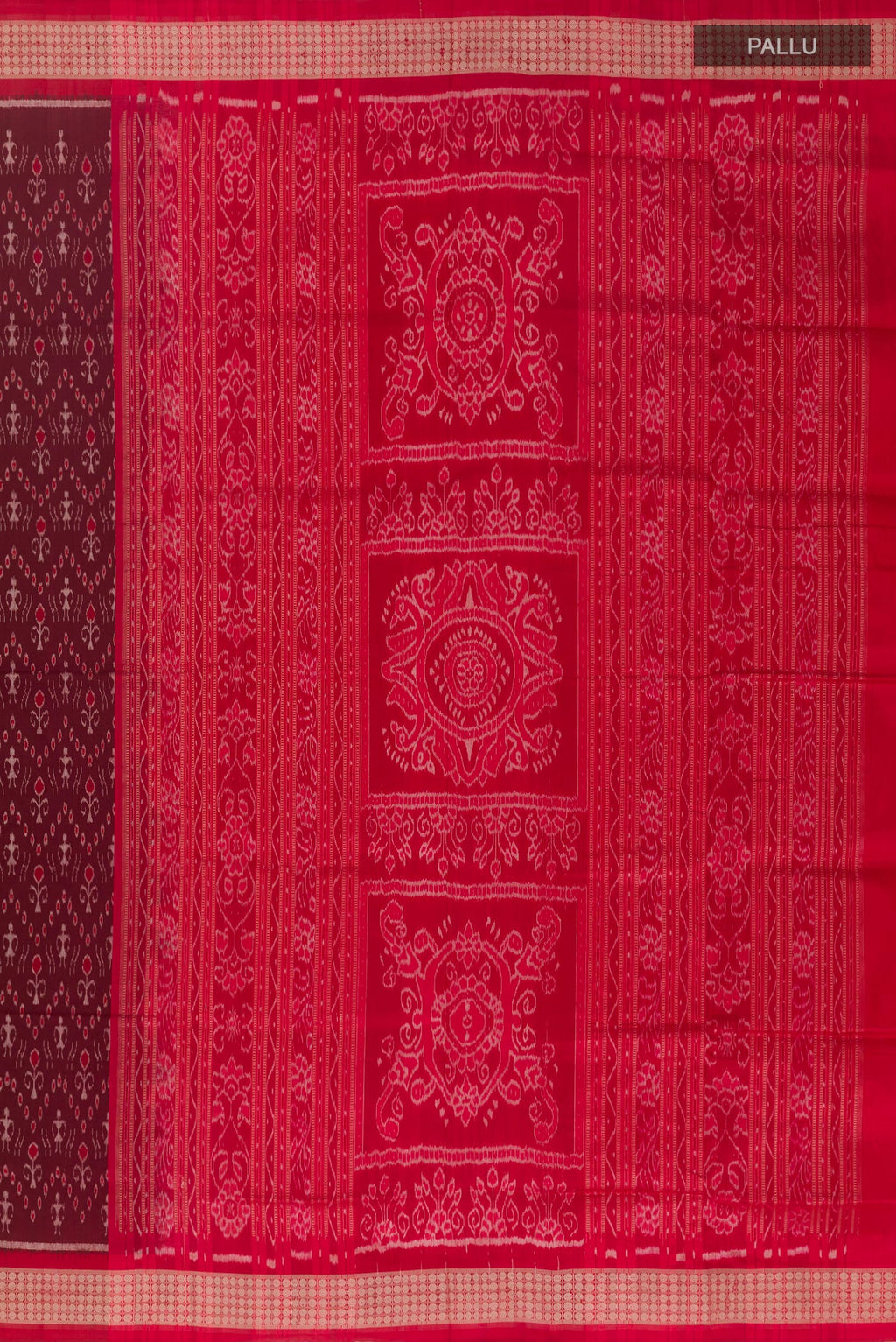 Close up image of the pallu of Maroon Orissa Silk Saree with Pure Ikat on the body and Ikat Border. 