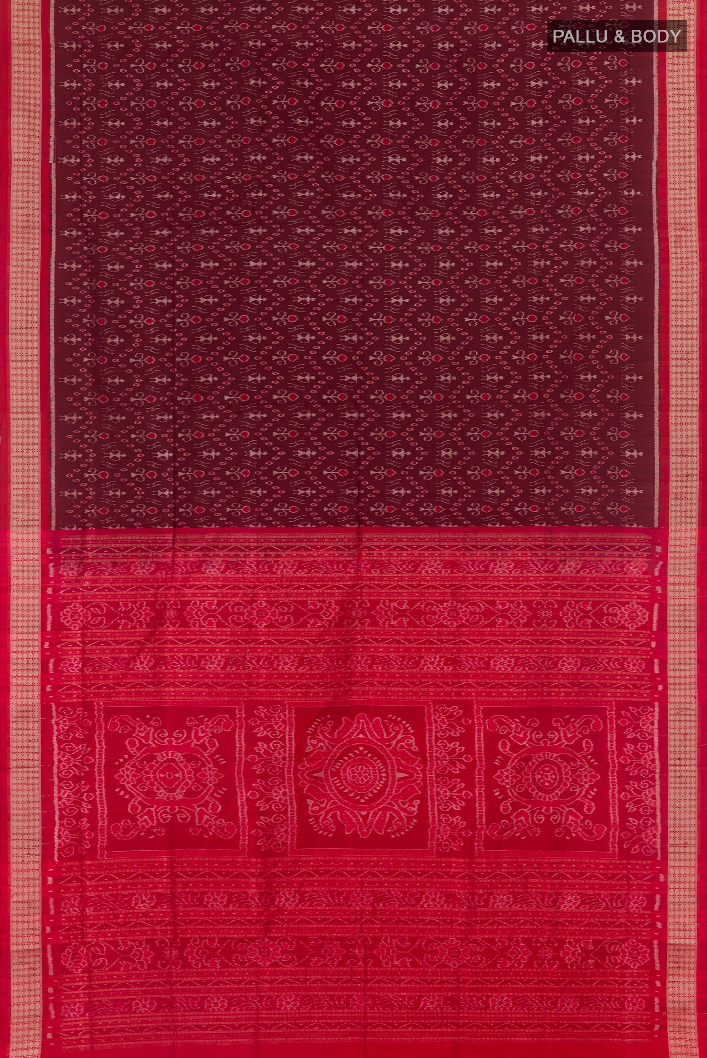 Flat view of Maroon Orissa Silk Saree with Pure Ikat on the body and Ikat Border. 