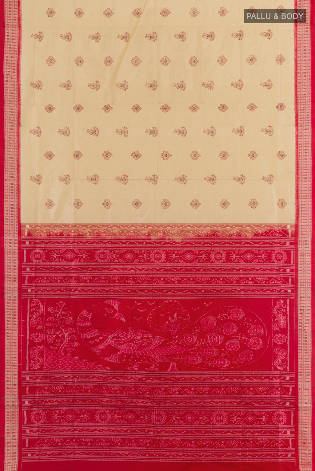 Flat view of Cream Orissa Silk Saree with Thread Butta on the body and Ikat Border. 