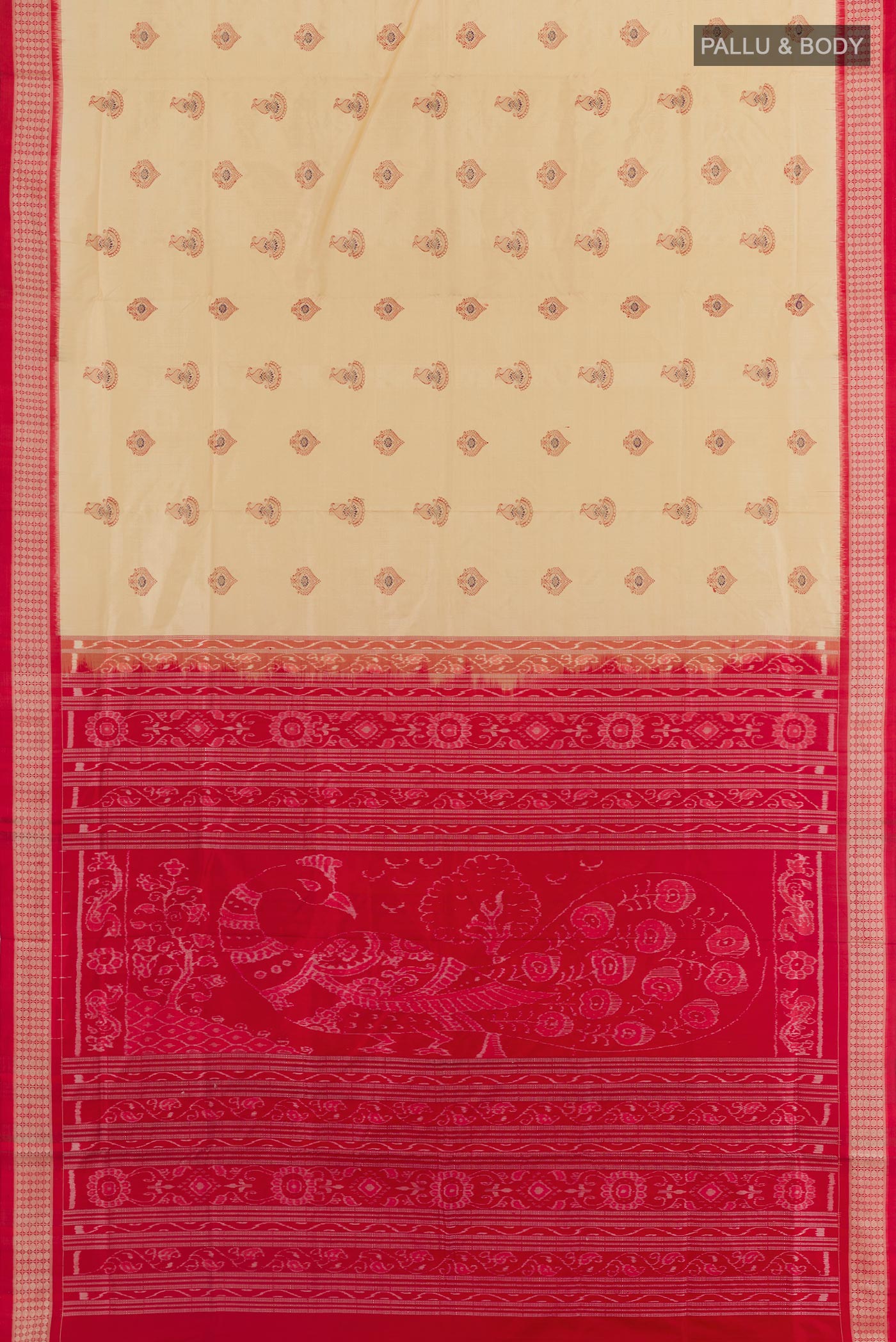 Flat view of Cream Orissa Silk Saree with Thread Butta on the body and Ikat Border. 