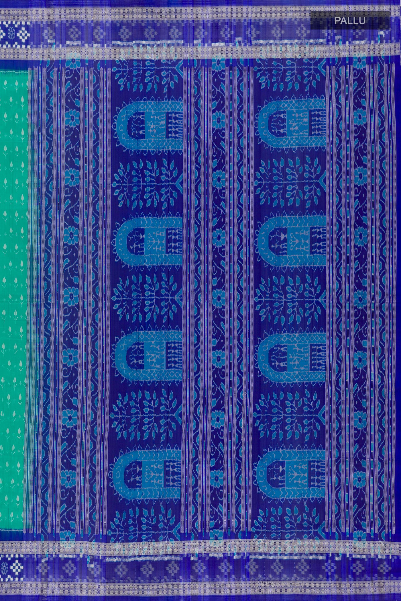 Close up image of the pallu of Sea Green Orissa Silk Saree with Pure Ikat on the body and Ikat Border. 
