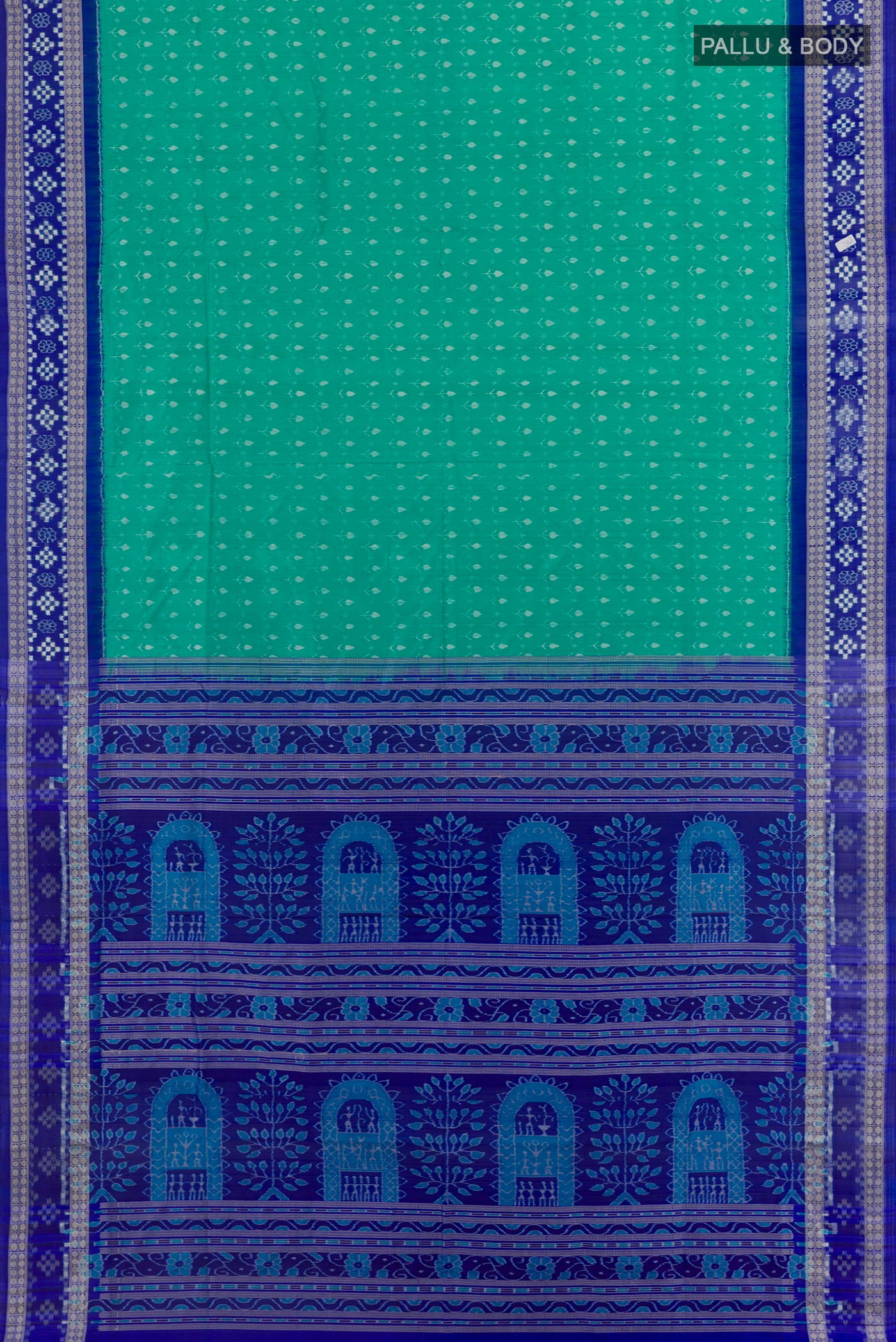 Flat view of Sea Green Orissa Silk Saree with Pure Ikat on the body and Ikat Border. 