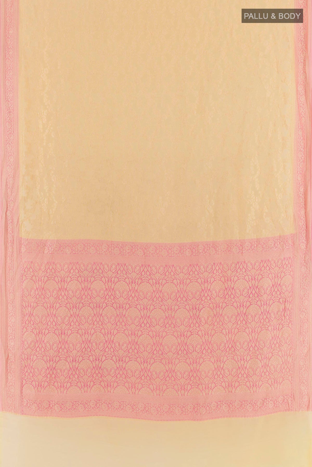 Flat view of Cream Banarasi Georgette Saree with Zari Brocade on the body and Zari Border. 