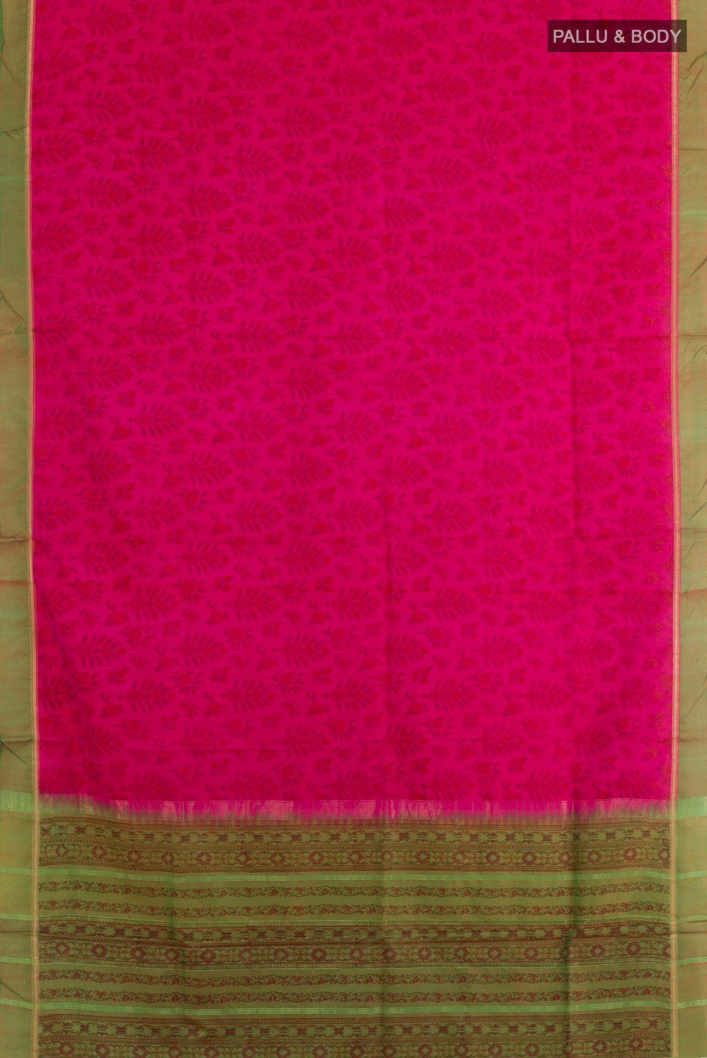 Flat view of Pink Printed Silk Saree with Printed design on the body and Zari Border. 