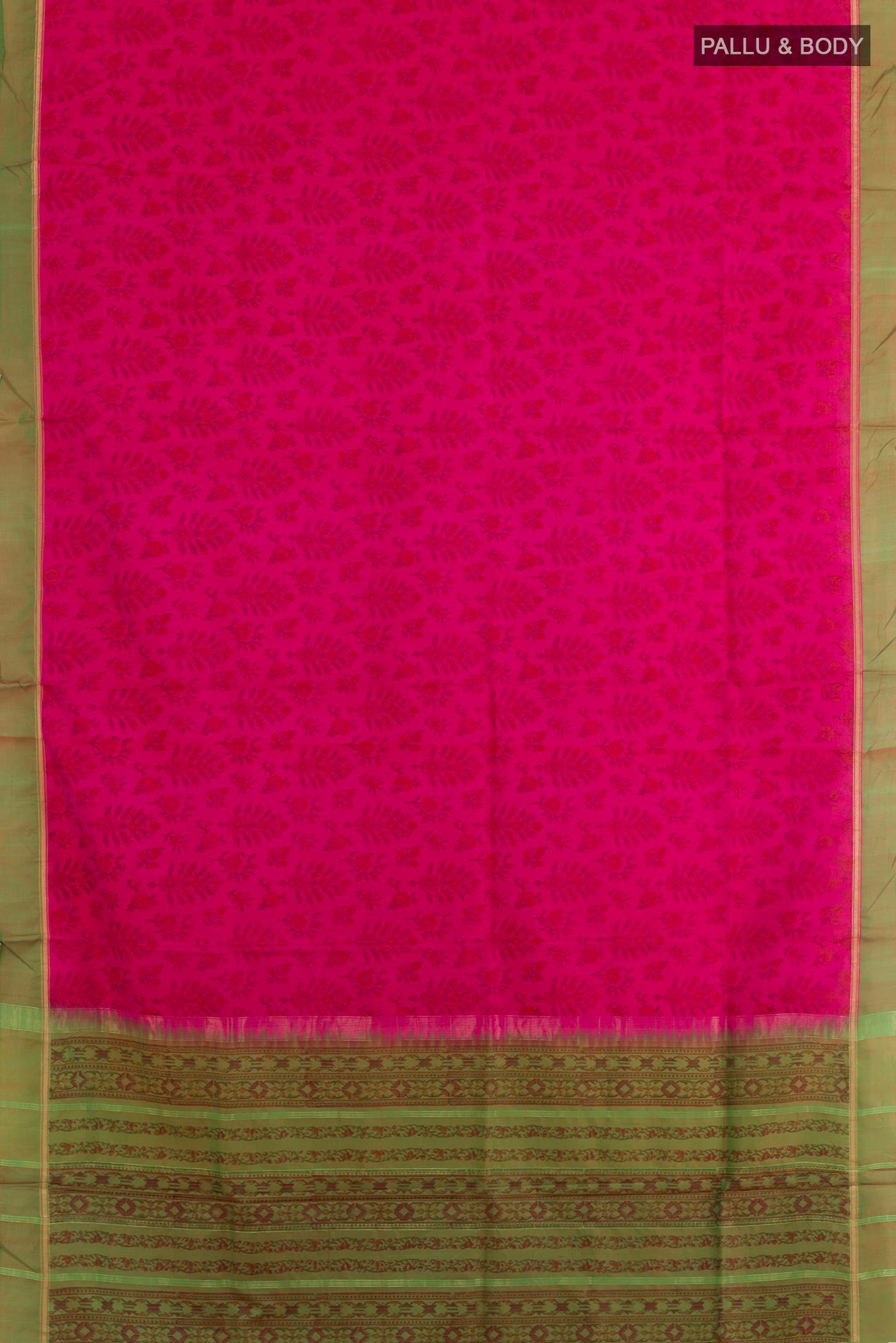 Flat view of Pink Printed Silk Saree with Printed design on the body and Zari Border. 