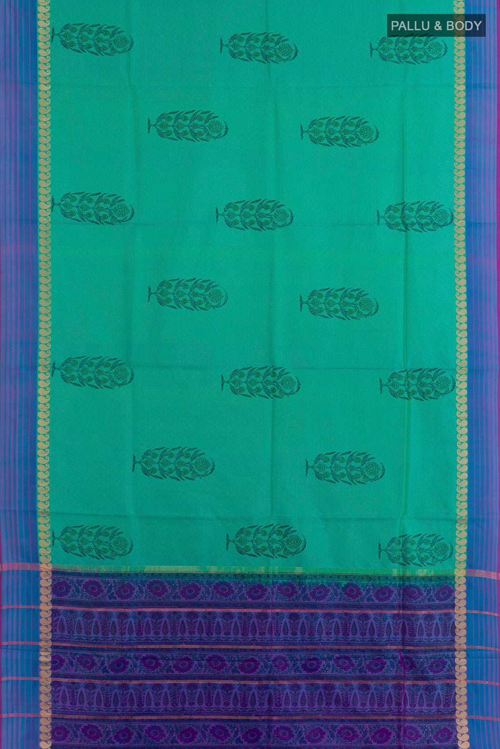 Flat view of Sea Green Printed Silk Saree with Printed design on the body and Zari Border. 
