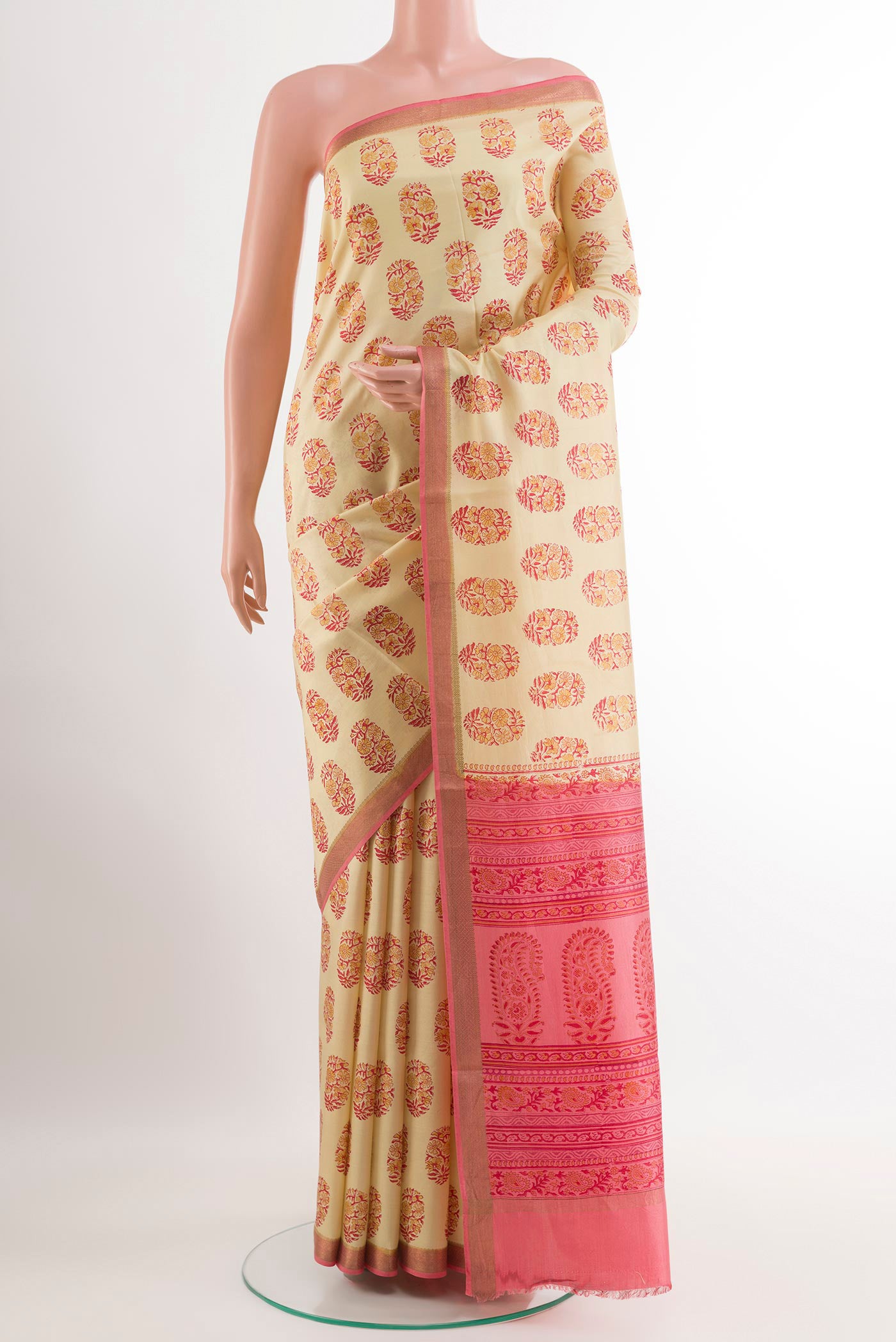 Lemon Yellow Printed Silk Saree with Printed design on the body and Zari Border.  displayed on a mannequin