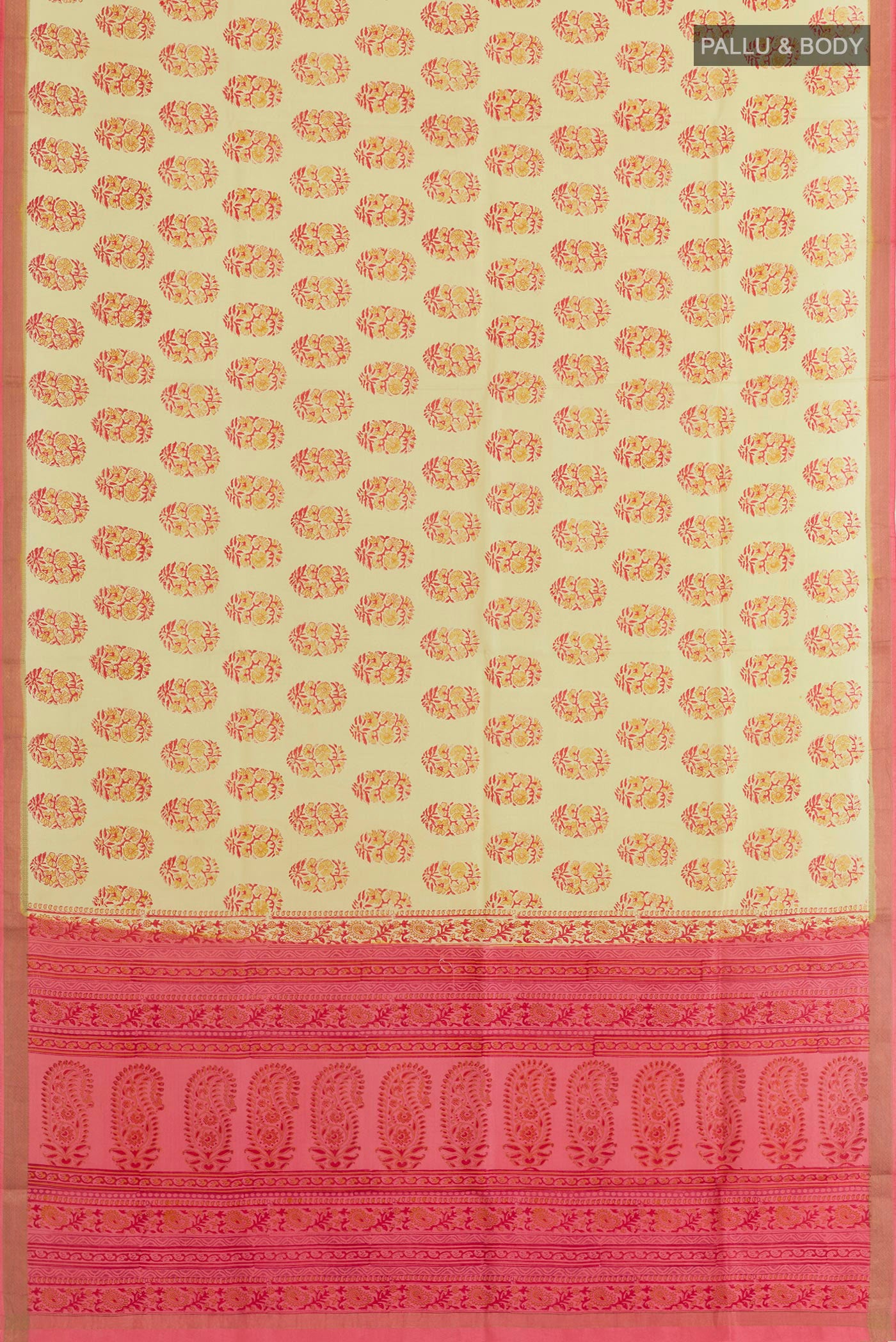 Flat view of Lemon Yellow Printed Silk Saree with Printed design on the body and Zari Border. 