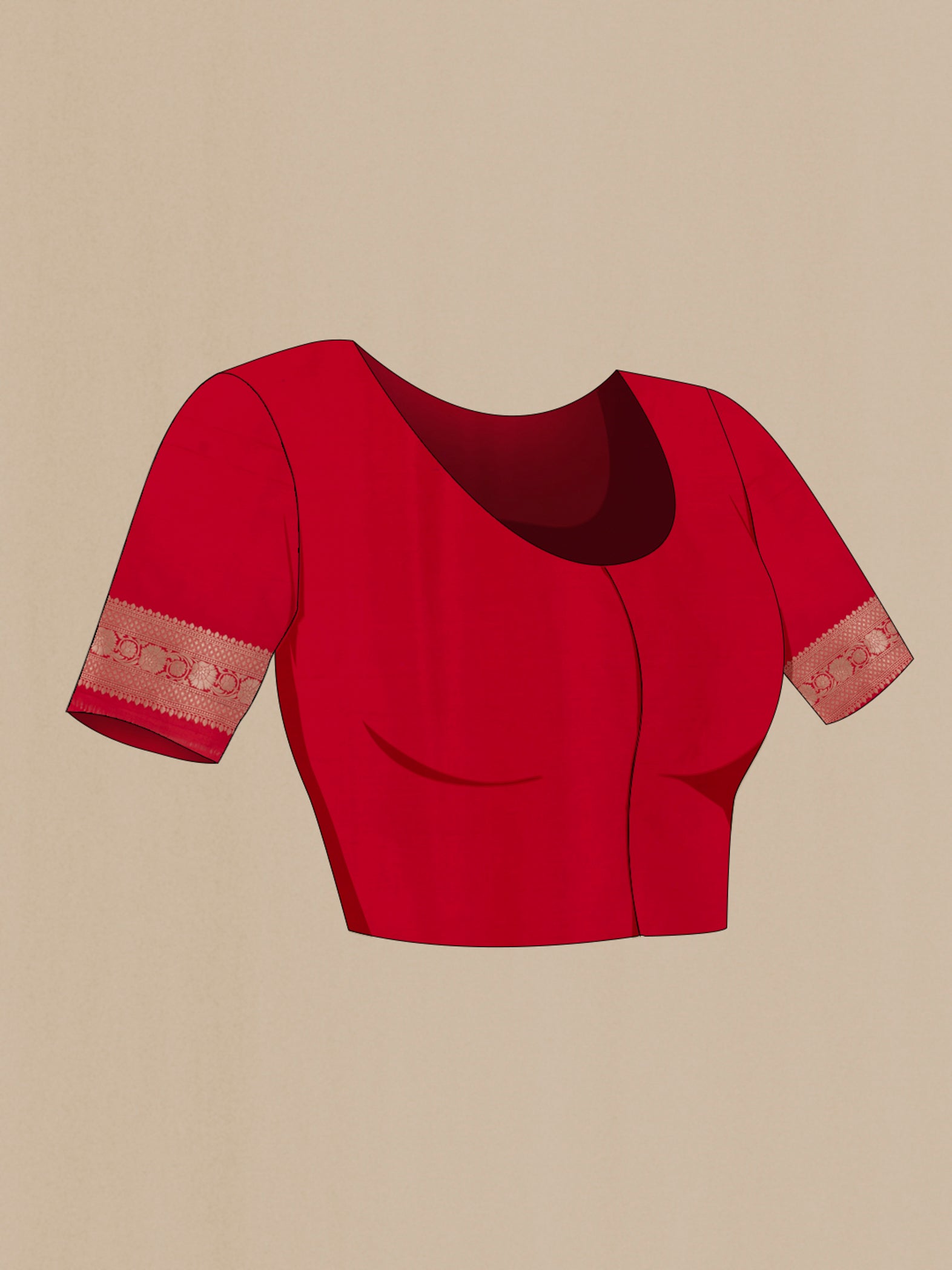 Close up image of the blouse of Red Banarasi Silk Saree with Zari Brocade on the body and Zari Border. 