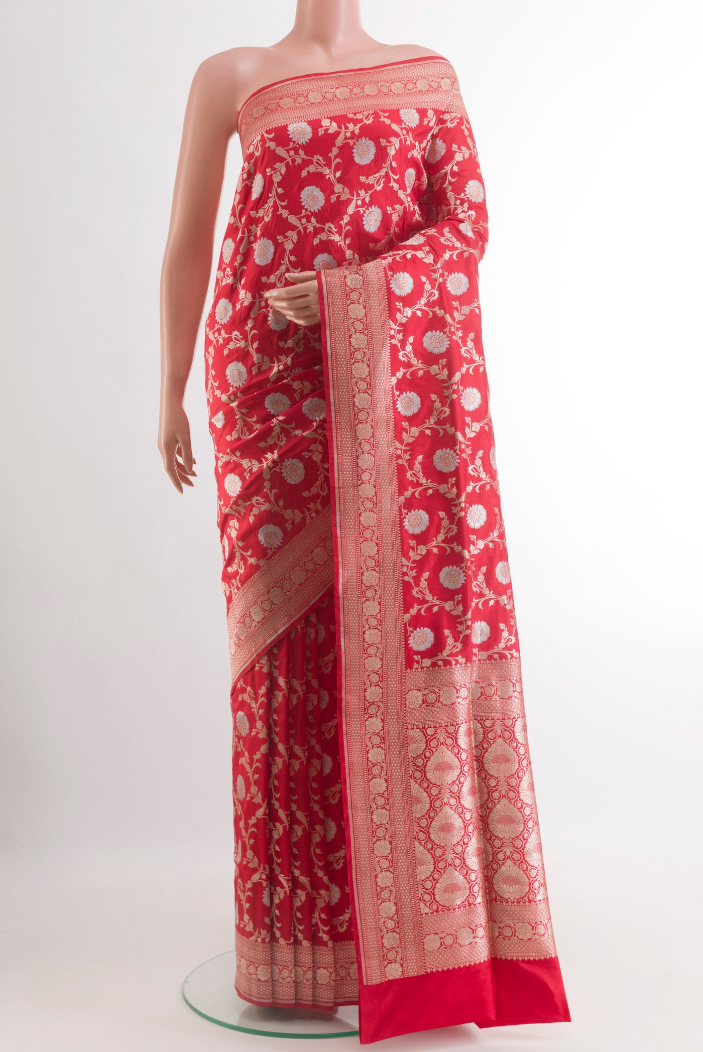 Red Banarasi Silk Saree with Zari Brocade on the body and Zari Border.  displayed on a mannequin