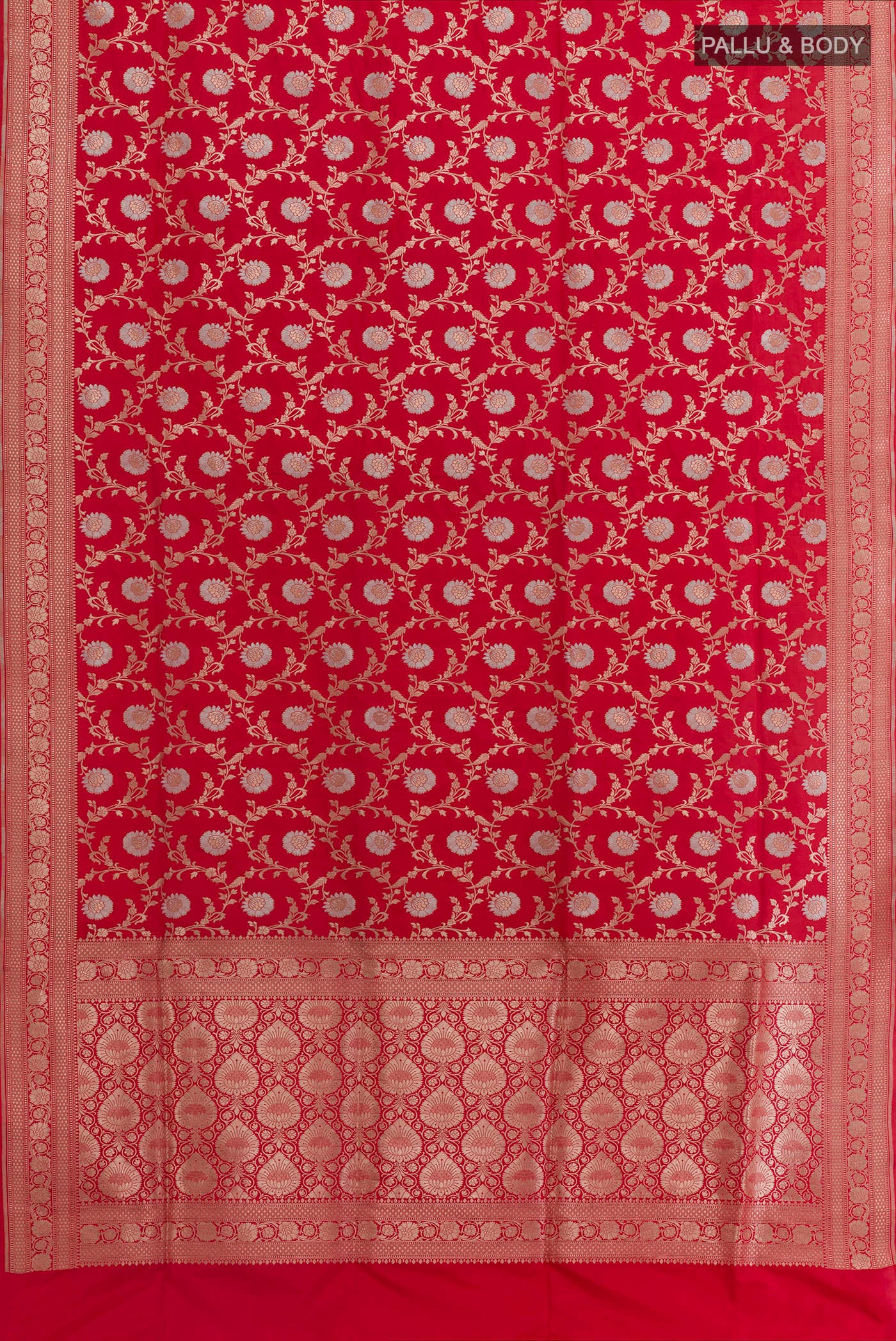 Flat view of Red Banarasi Silk Saree with Zari Brocade on the body and Zari Border. 