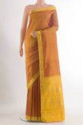 Pure Silk Mustard Kanjivaram Saree with Plain Body and Zari Border.  displayed on a mannequin
