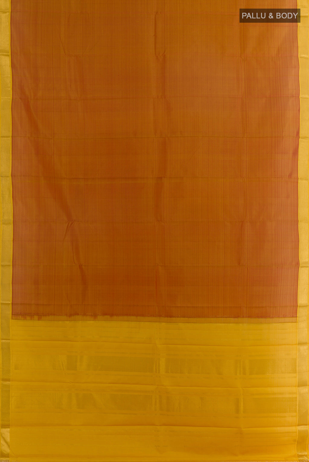 Flat view of Pure Silk Mustard Kanjivaram Saree with Plain Body and Zari Border. 