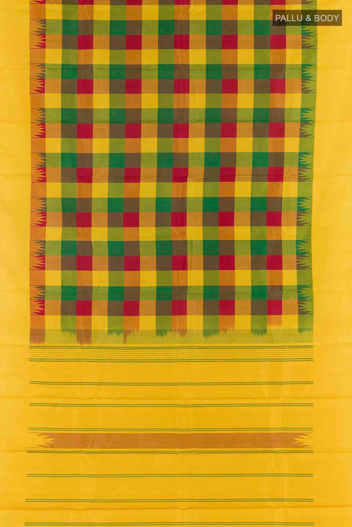 Flat view of Multi Color Kanchipuram Silk Saree with Checked design on the body and Plain Border