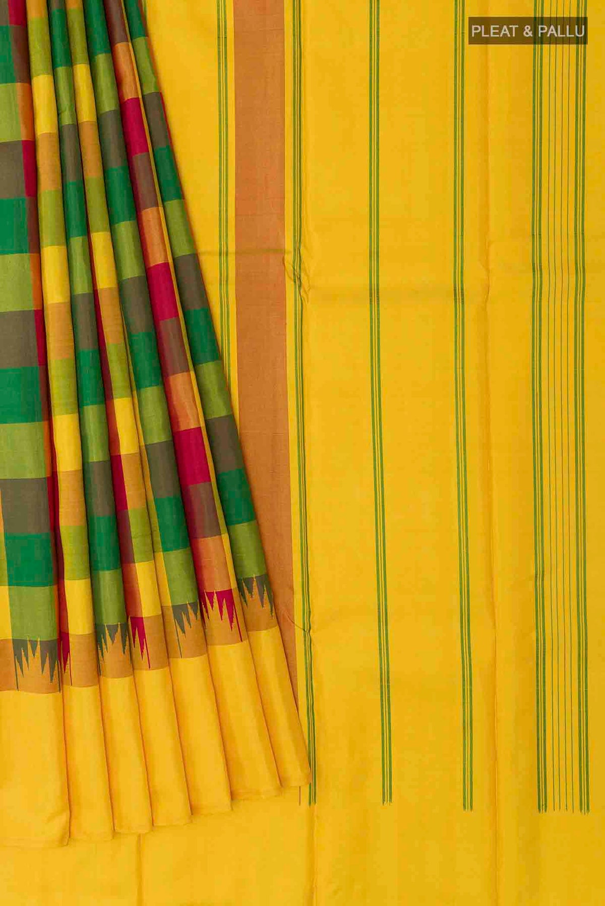 Pleats and pallu of Multi Color Kanchipuram Silk Saree with Checked design on the body and Plain Border