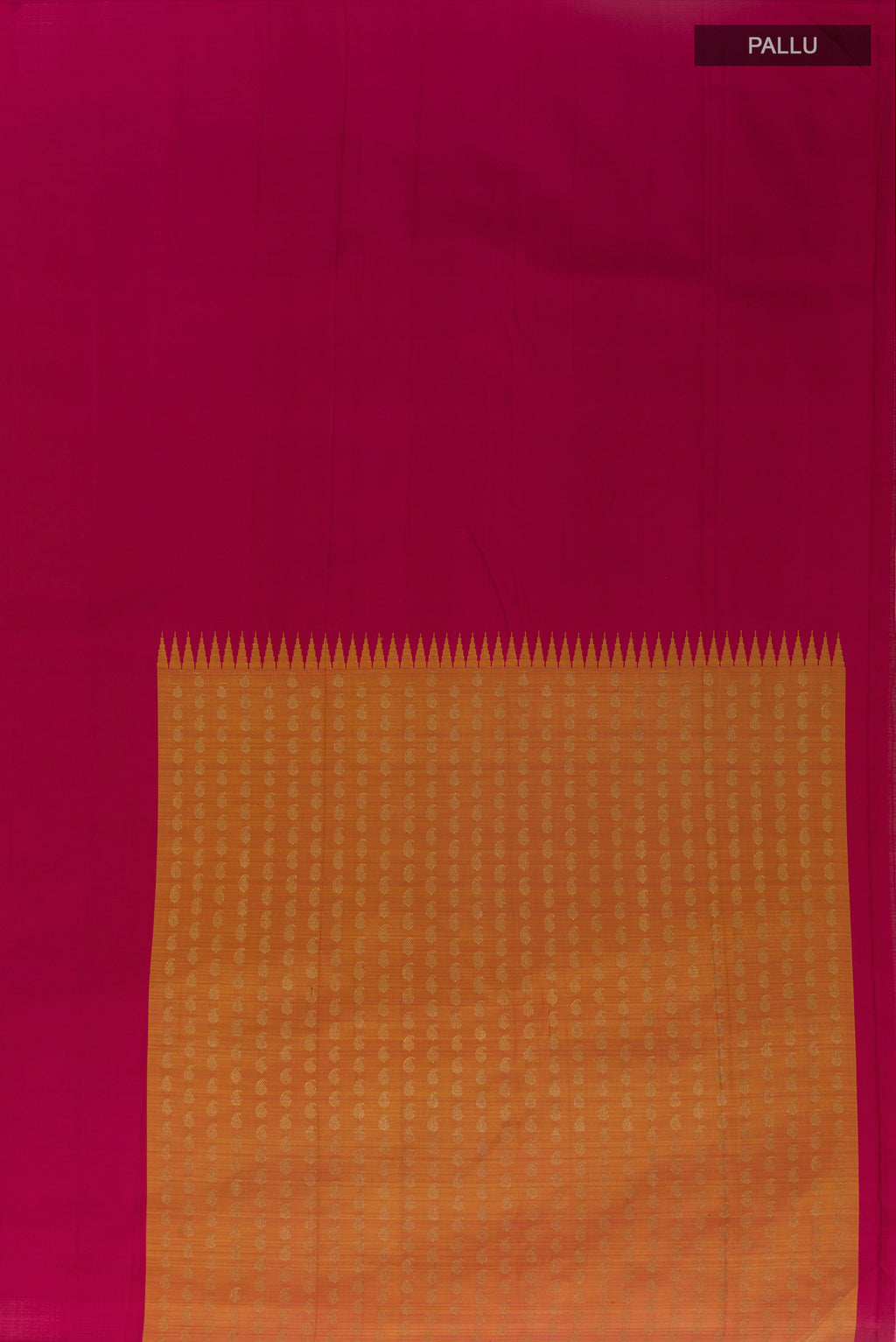 Close up image of the pallu of Magenta Kanjivaram Silk Saree with Plain Body and Without Border. 
