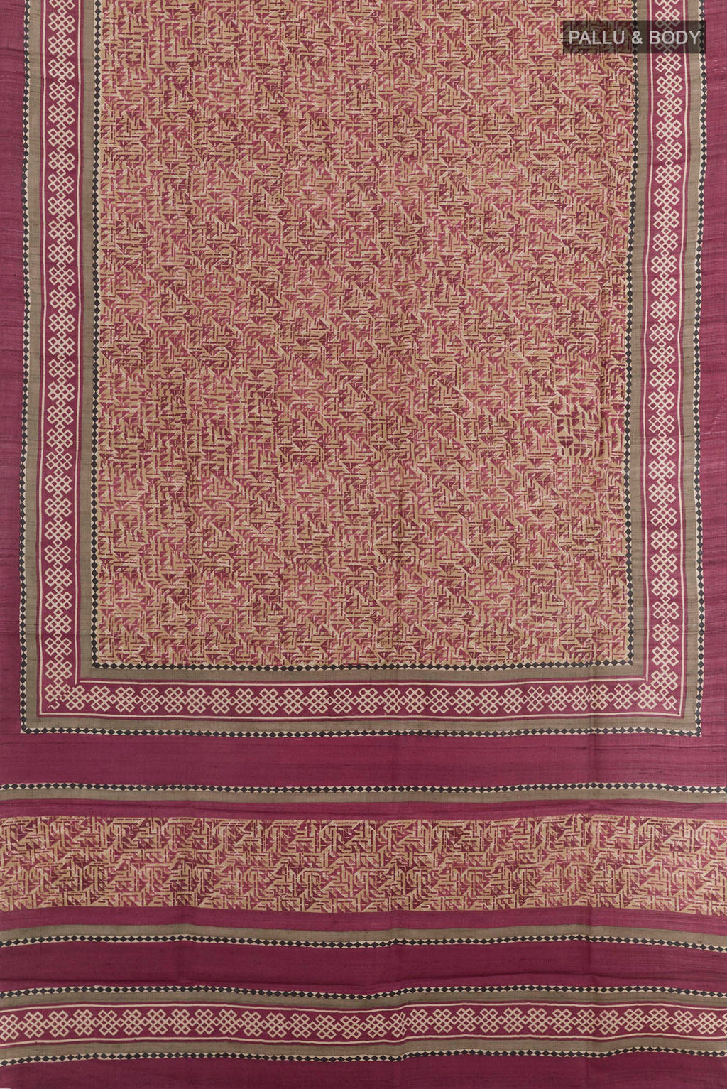 Flat view of Beige Tussar Saree with Printed design on the body and Plain Border. 