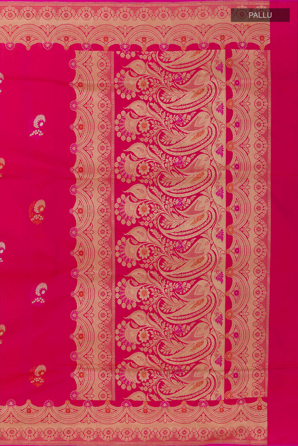 Close up image of the pallu of Pink Banarasi Silk Saree with Zari Butta on the body and Zari Border. 