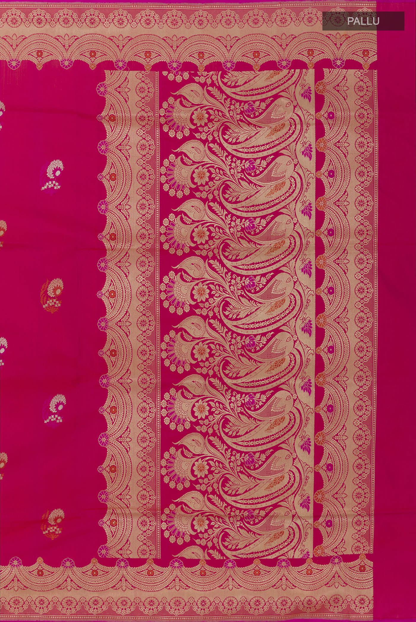 Close up image of the pallu of Pink Banarasi Silk Saree with Zari Butta on the body and Zari Border. 