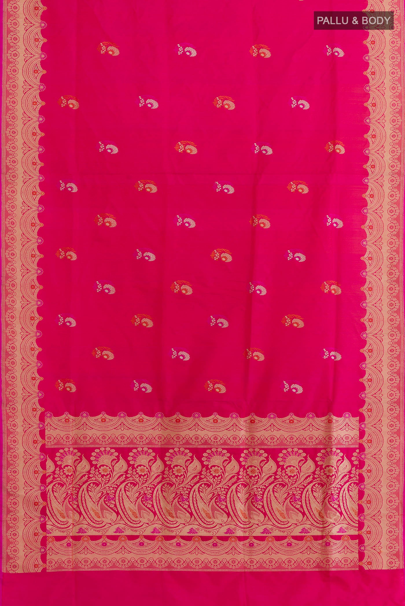 Flat view of Pink Banarasi Silk Saree with Zari Butta on the body and Zari Border. 