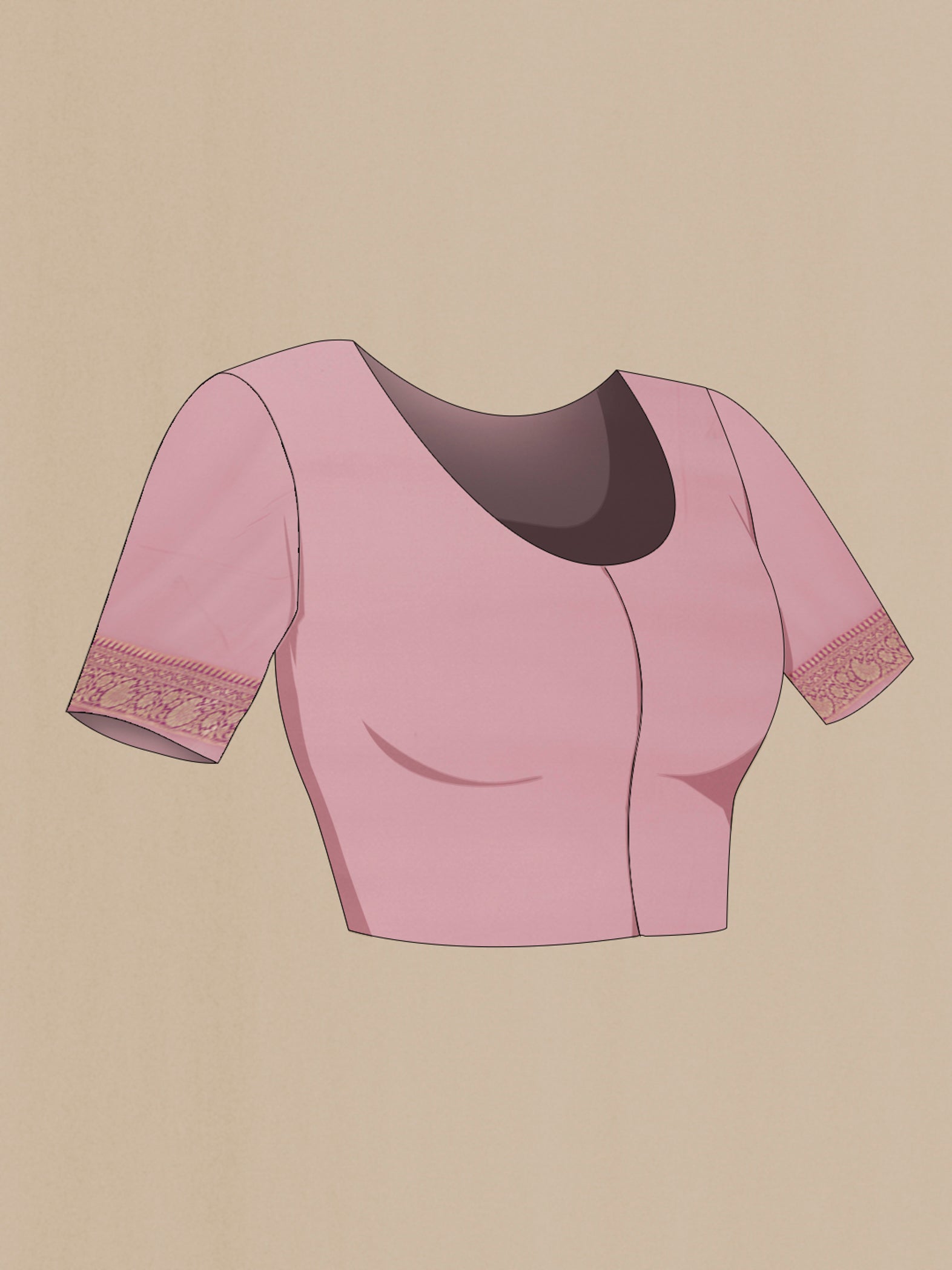 Close up image of the blouse of Rose pink Banarasi Georgette Saree with Zari Brocade on the body and Zari Border. 