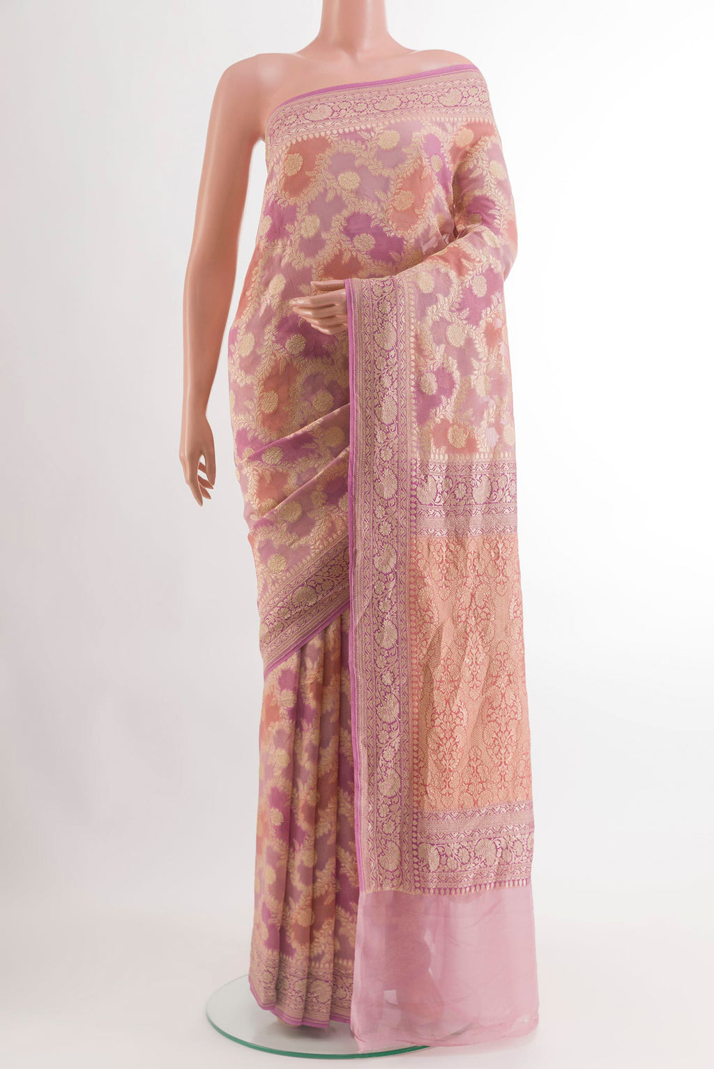 Rose pink Banarasi Georgette Saree with Zari Brocade on the body and Zari Border.  displayed on a mannequin