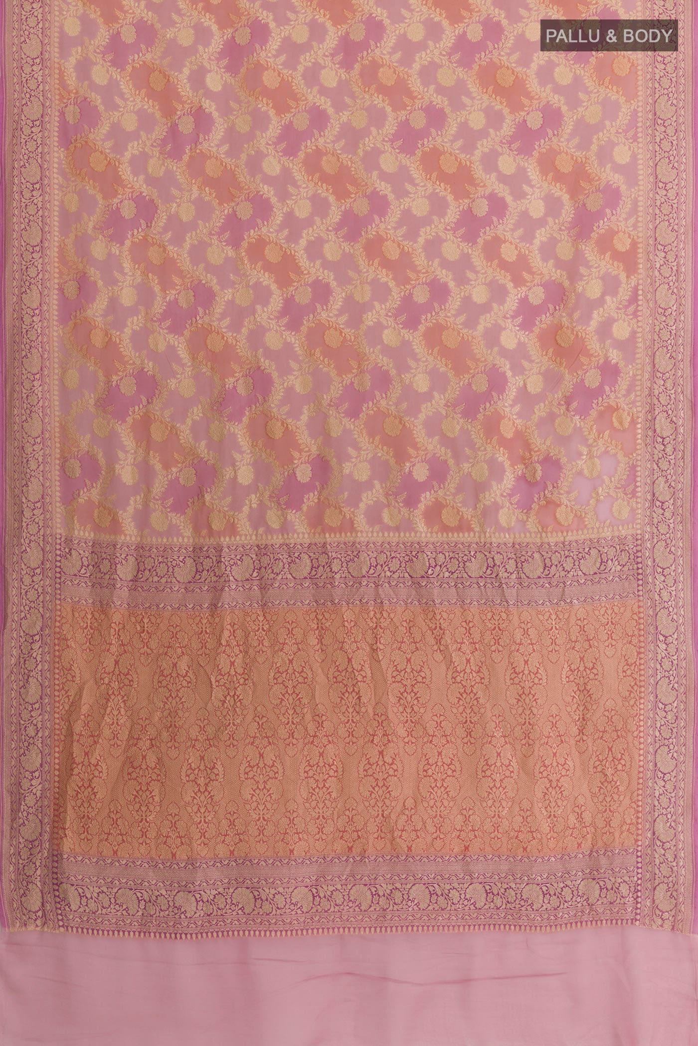Flat view of Rose pink Banarasi Georgette Saree with Zari Brocade on the body and Zari Border. 