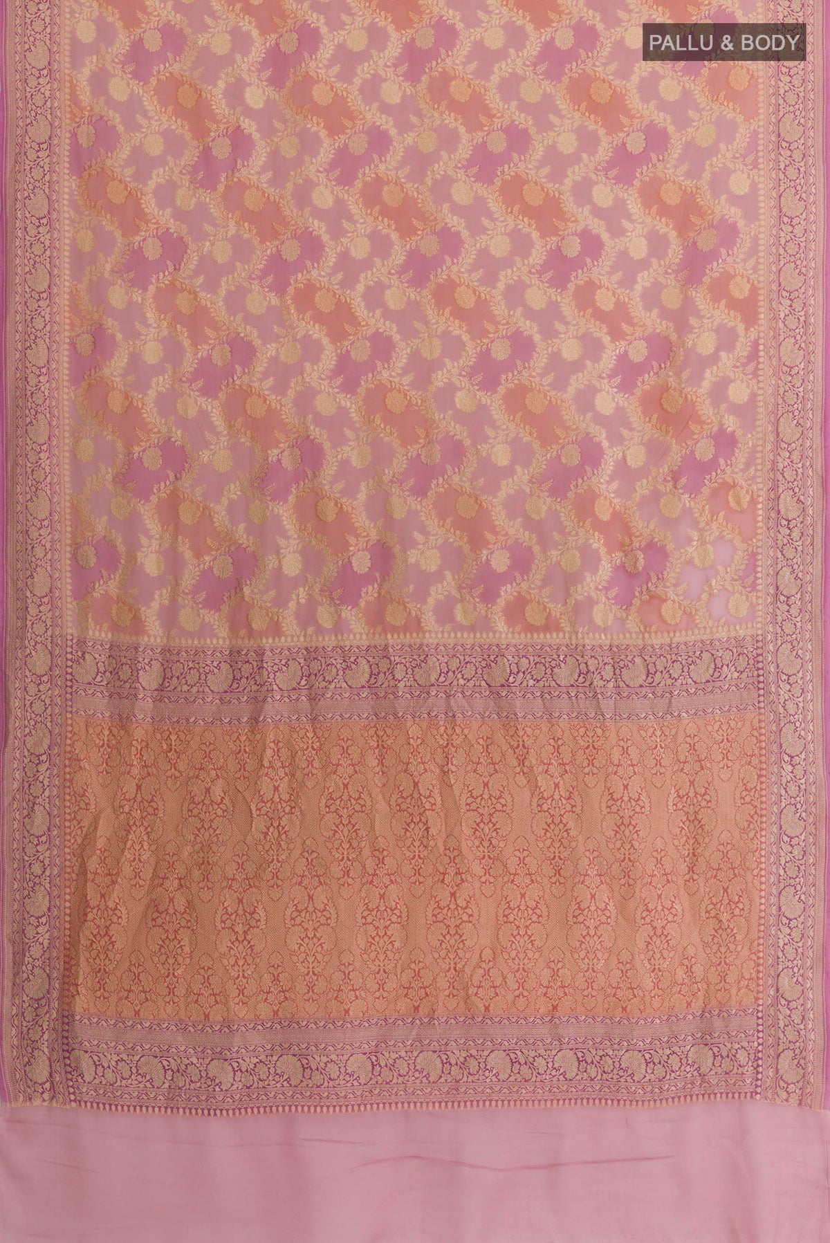 Flat view of Rose pink Banarasi Georgette Saree with Zari Brocade on the body and Zari Border. 