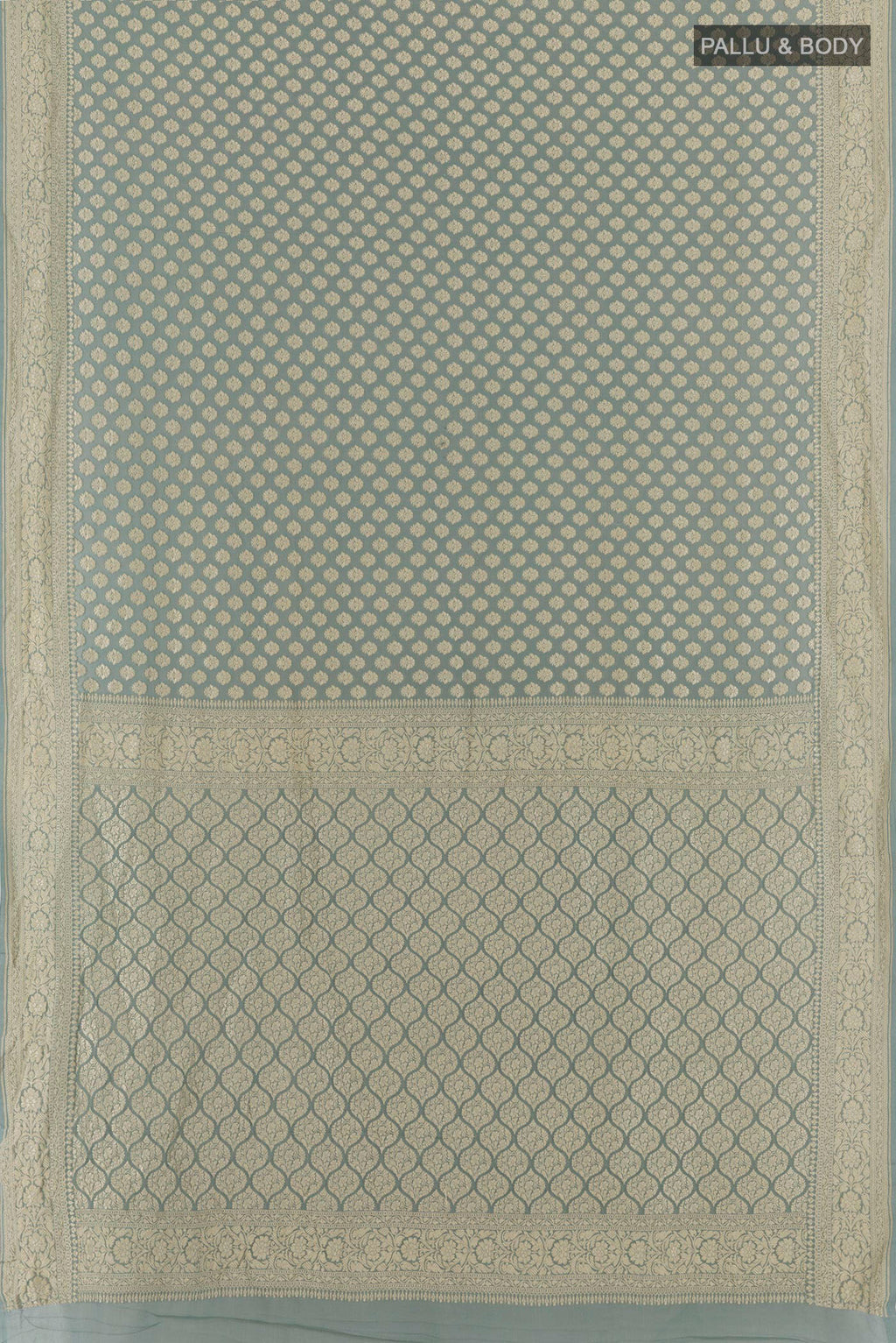 Flat view of Grey Banarasi Georgette Saree with Zari Butta on the body and Zari Border. 