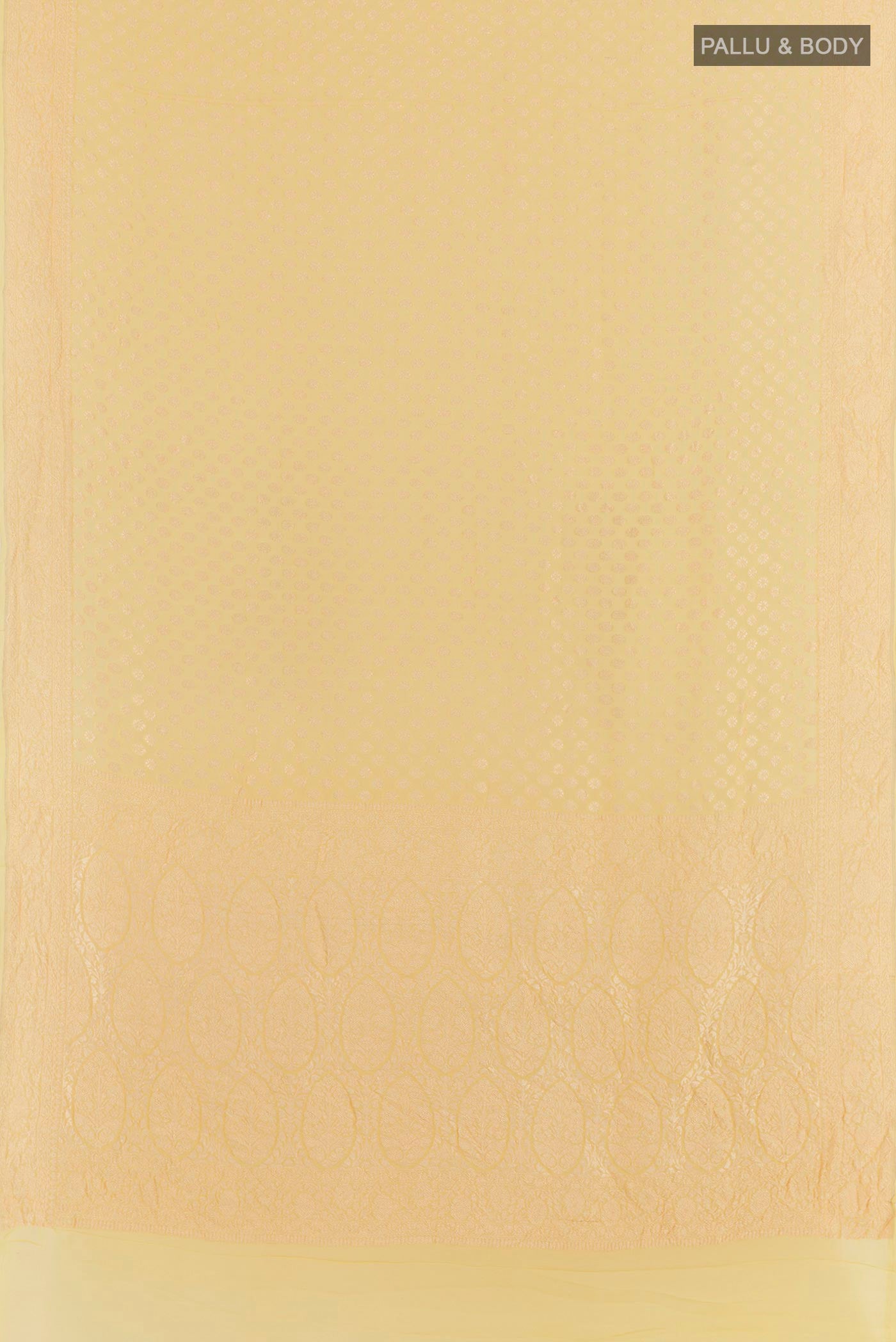 Flat view of Yellow Banarasi Georgette Saree with Zari Butta on the body and Zari Border. 