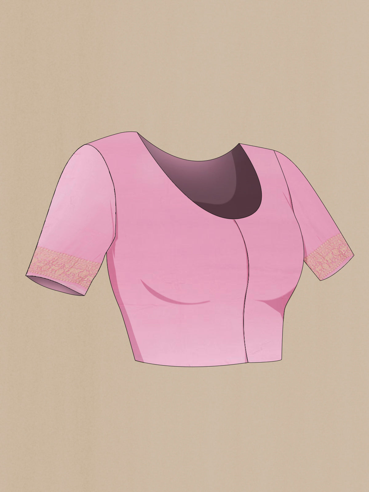 Close up image of the blouse of Pink Banarasi Georgette Saree with Zari Butta on the body and Zari Border. 