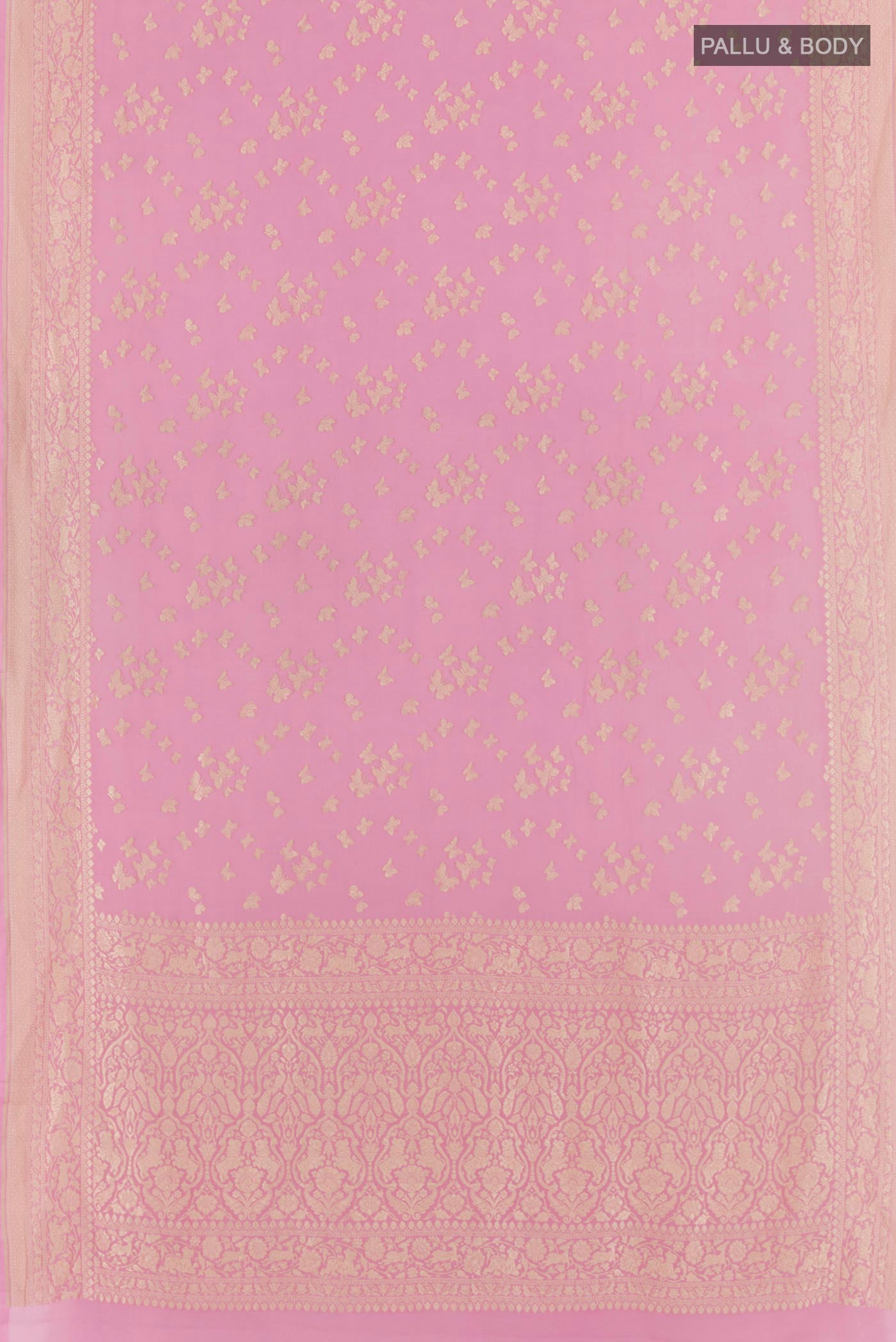 Flat view of Pink Banarasi Georgette Saree with Zari Butta on the body and Zari Border. 