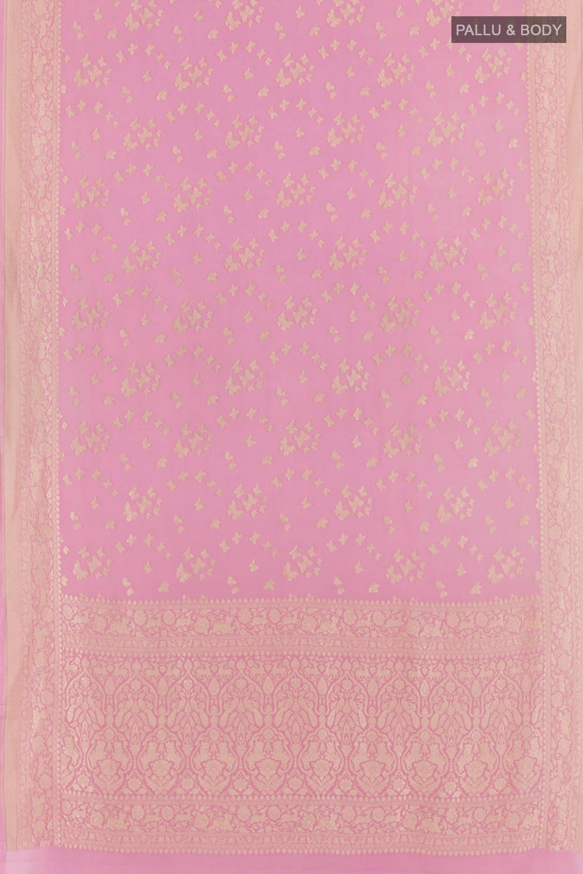 Flat view of Pink Banarasi Georgette Saree with Zari Butta on the body and Zari Border. 