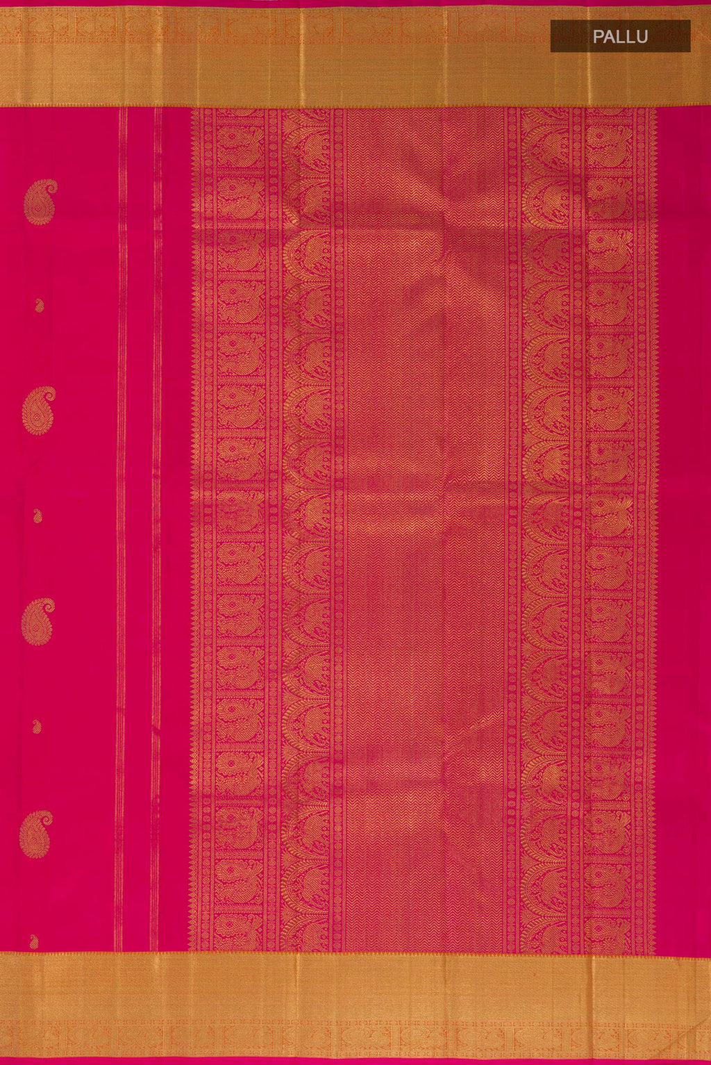 Close up image of the pallu of Pink Kanchipuram Silk Saree with Zari Butta on the body and Zari Border. 