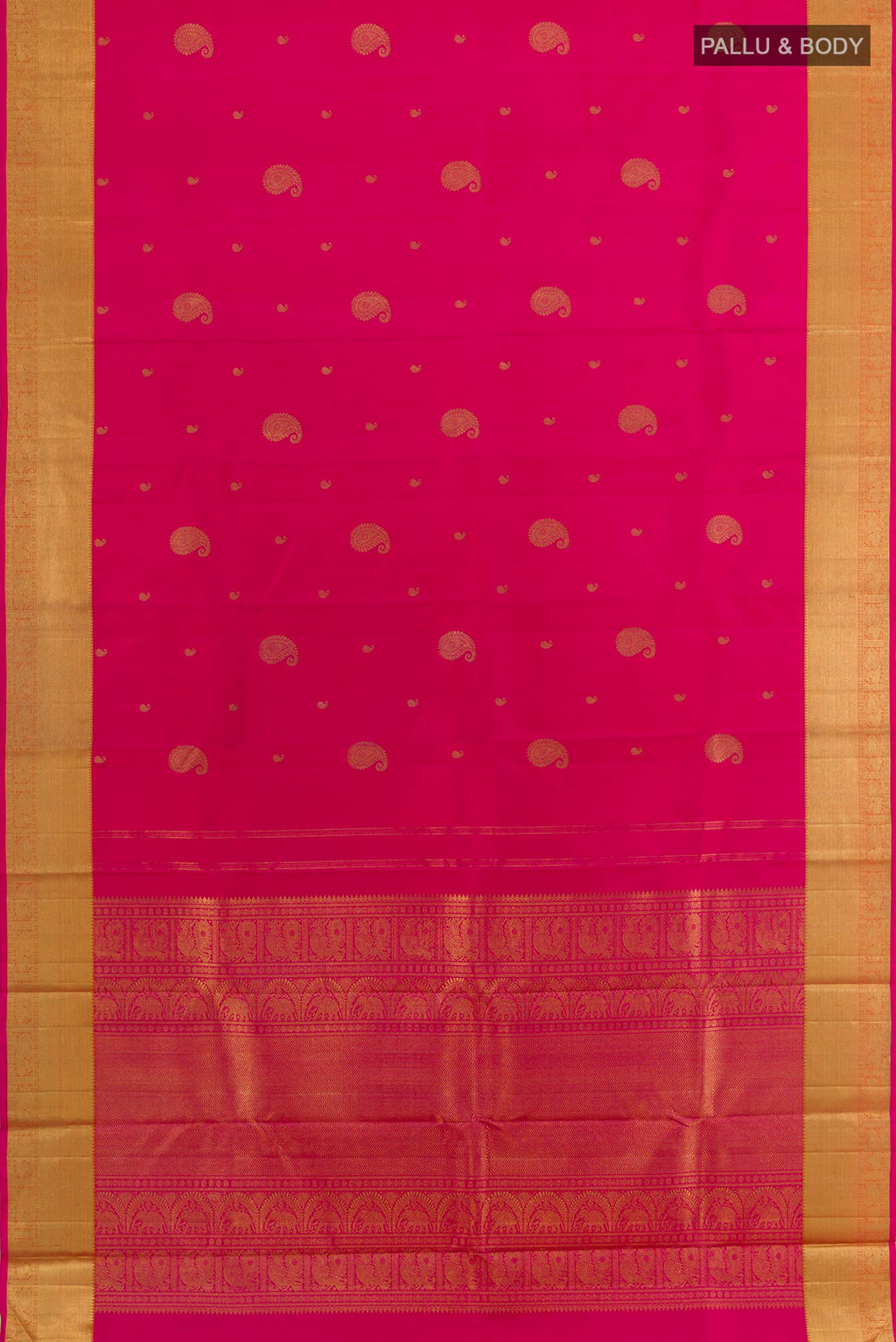Flat view of Pink Kanchipuram Silk Saree with Zari Butta on the body and Zari Border. 