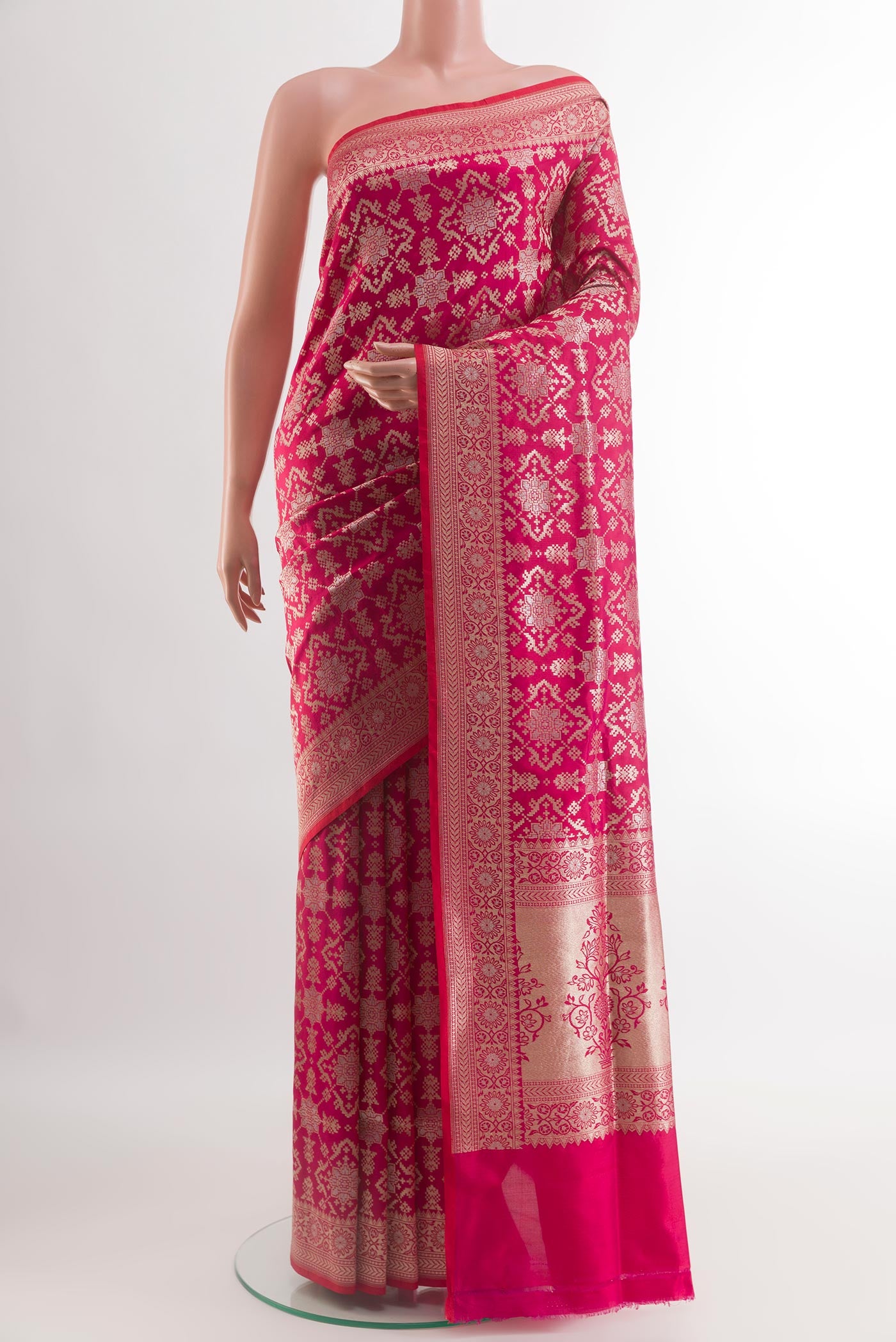 Pink Banarasi Silk Saree with Zari Brocade on the body and Zari Border.  displayed on a mannequin