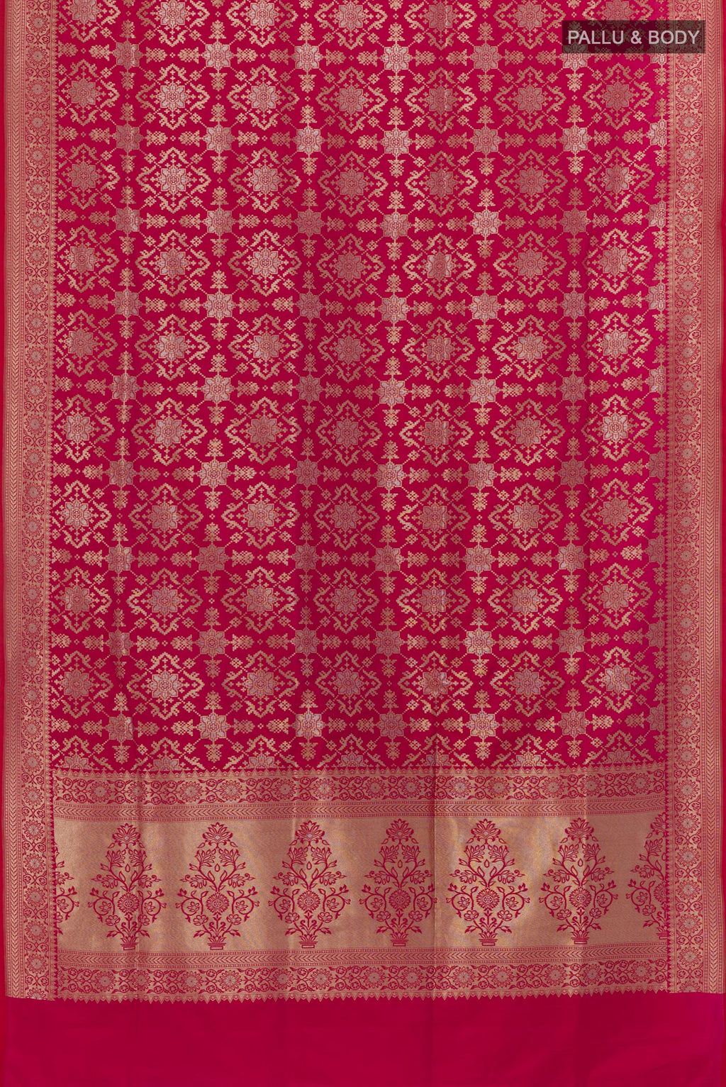 Flat view of Pink Banarasi Silk Saree with Zari Brocade on the body and Zari Border. 