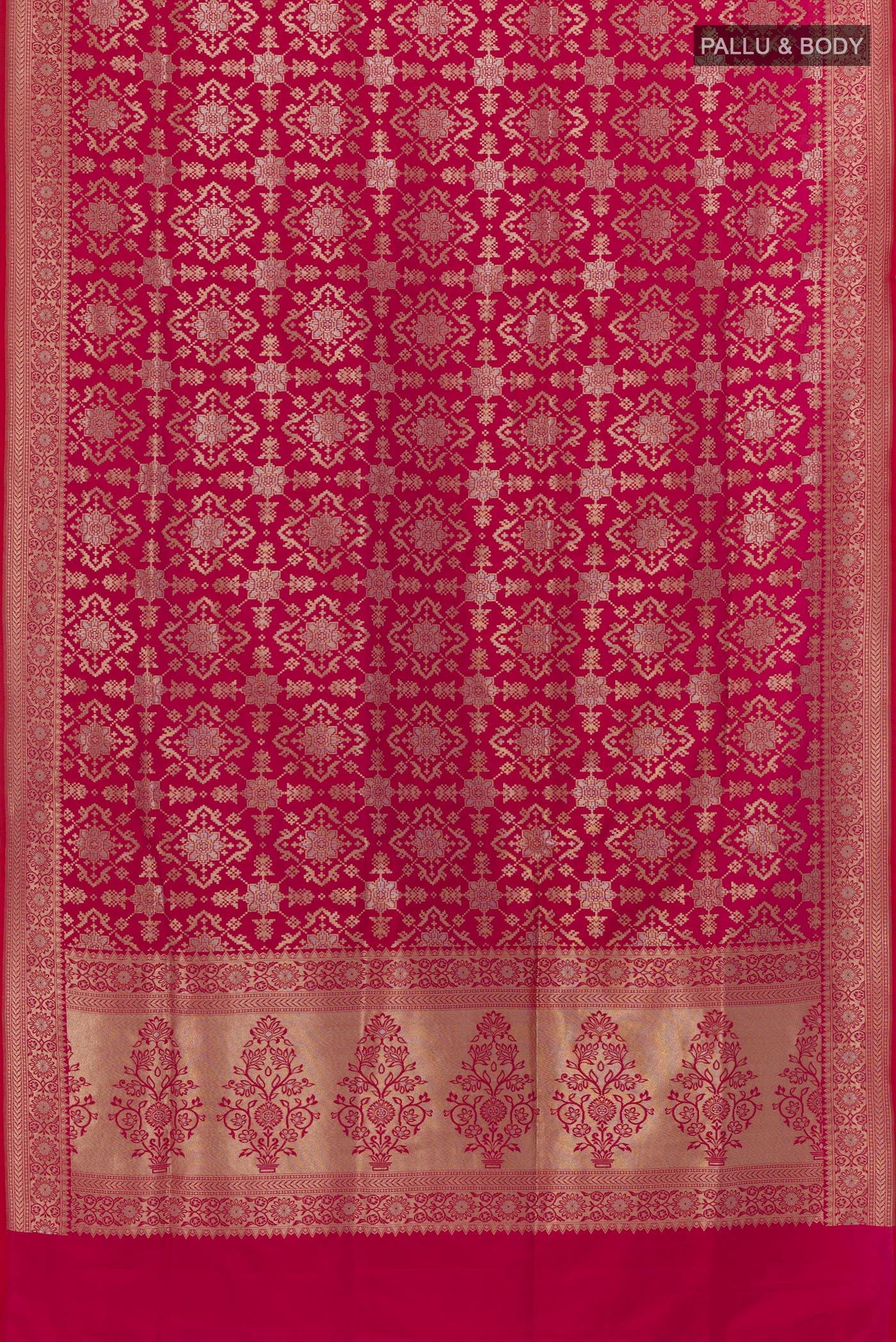 Flat view of Pink Banarasi Silk Saree with Zari Brocade on the body and Zari Border. 